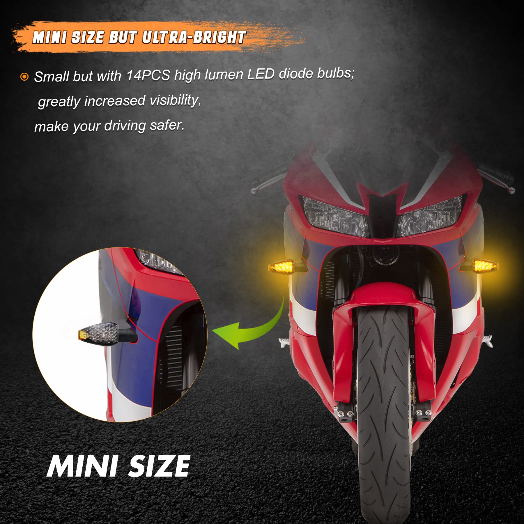 NTHREEAUTO 4PCS Motorcycle Turn Signals Mini Stalk Arrow Indicators LED Front Rear Amber Blinker Universal Compatible with Honda