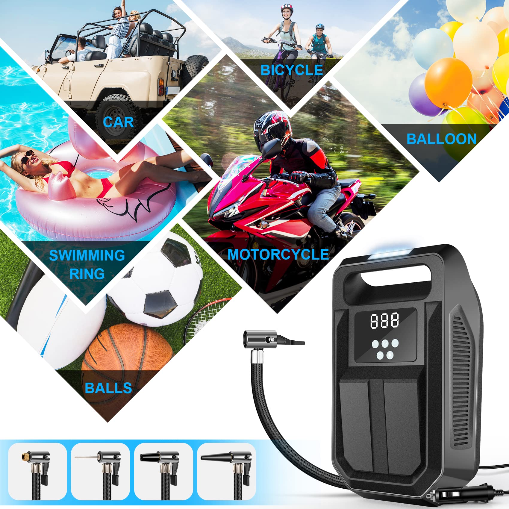 FBK Portable Tire Inflator Air Compressor - 12V DC, Digital Gauge, Emergency LED Light, Black, Model ST-07