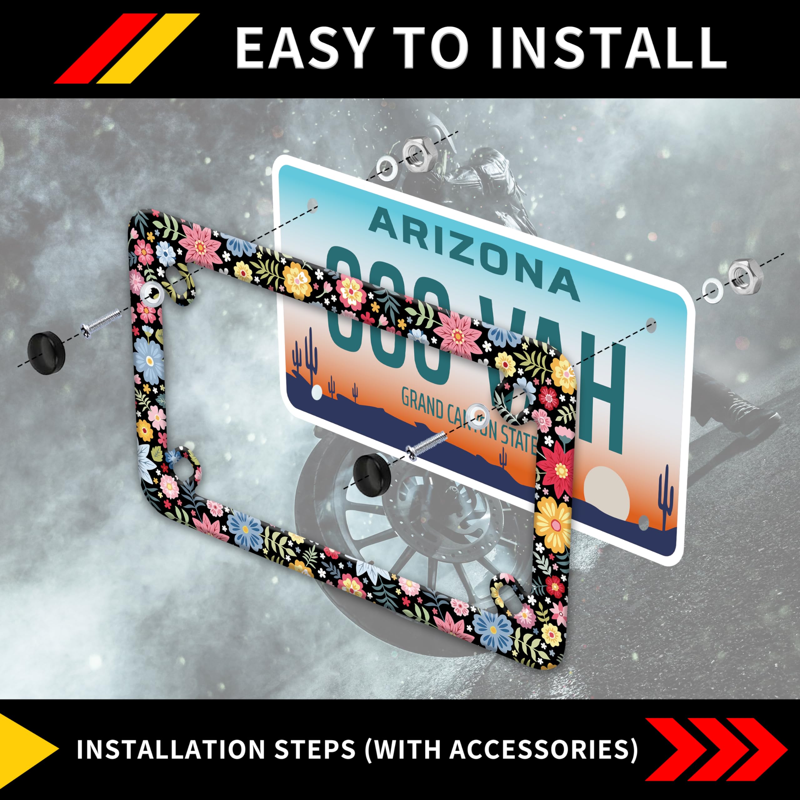 Motorcycle Folk Art Flowers License Plate Frame Colorful Floral Stainless Steel Material Funny Motorbike License Plate Holder Mo
