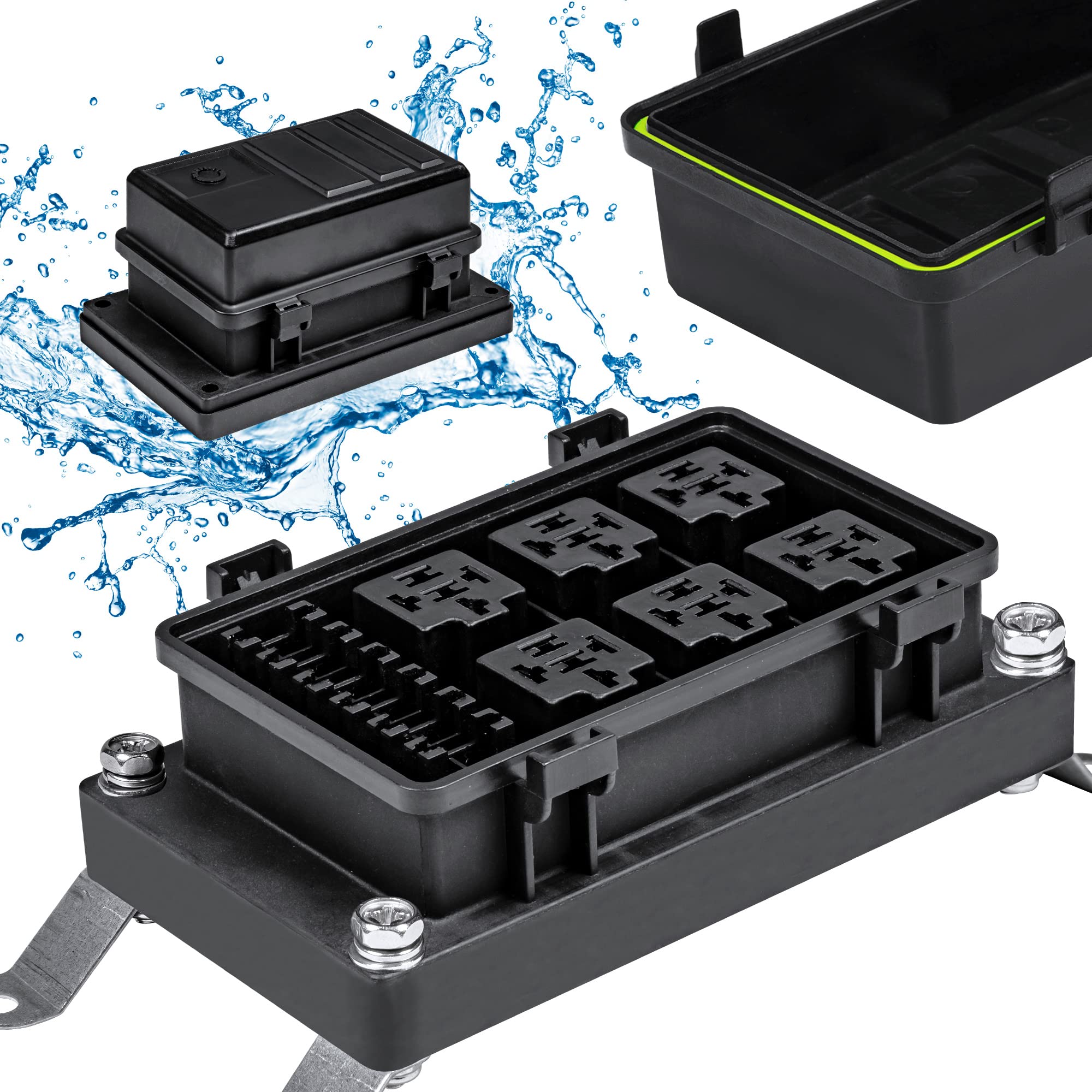 True Mods 12V DC Auto Waterproof Fuse 5-Pin Relay Box Block [6 Bosch Style Relay Holder] [6 ATC/ATO Fusible Holder] Universal Re