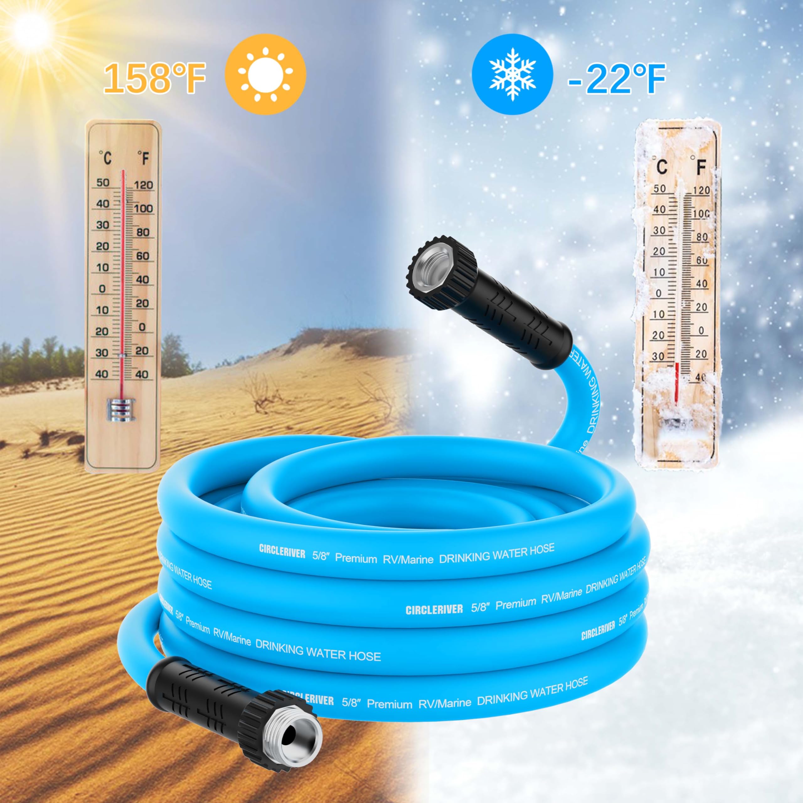 CircleRiver RV Water Hose 150FT, 5/8" BPA Free, Anti-Kink, Leak-Free, Drinking Water Safe - Blue, Model CR-WH150-Blue