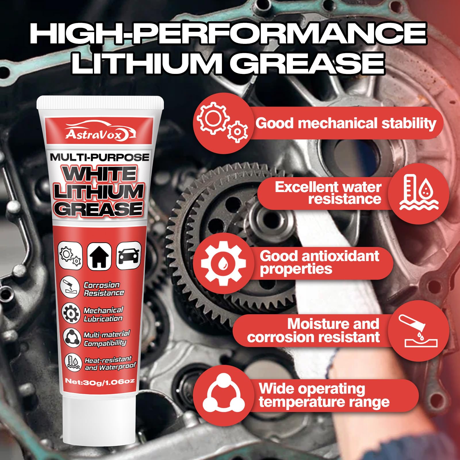 AstraVox Multi-Purpose Lithium Grease with Brush for Automotive, Marine, Industrial & Household Use - 2 Pack