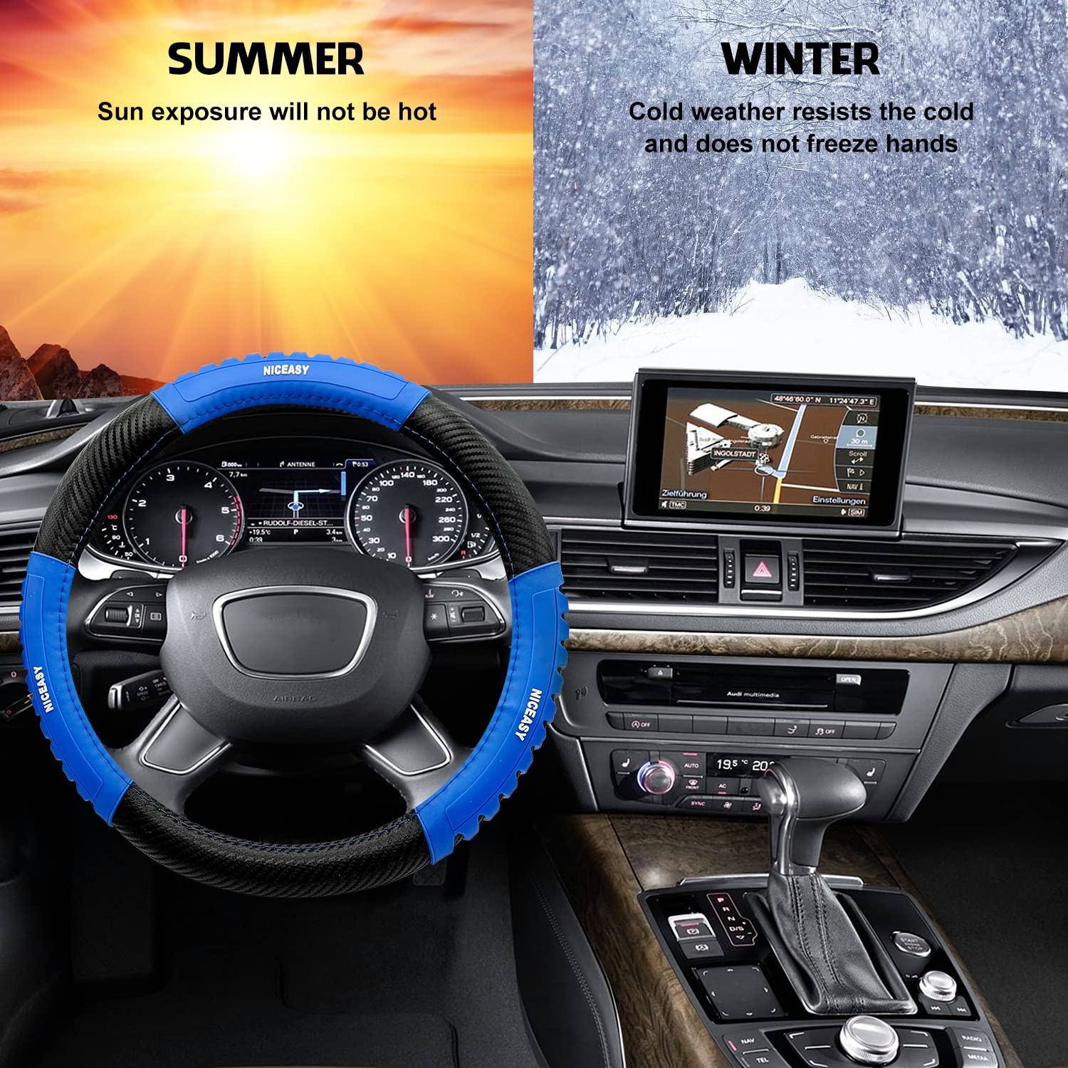 Niceasy Sport Style Black Carbon-Fiber Steering Wheel Cover With Blue Strip Grip Steering Wheel Accessory,Universal Fit 14.5-15.25 Inch Steering Wheel