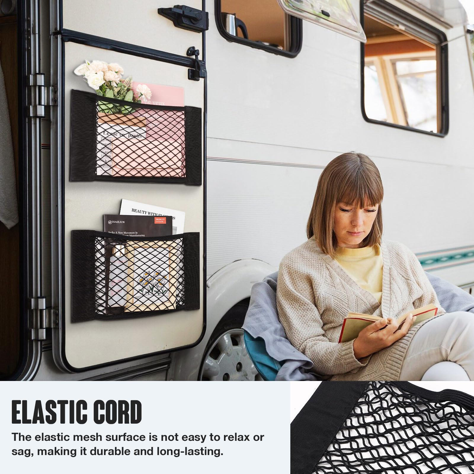 TOBWOLF 2PCS 25x40cm / 9.8x15.7in Universal Mesh Cargo Net with Tape Stickers, RV Storage Mesh Net, Elastic Car Storage Net RV N