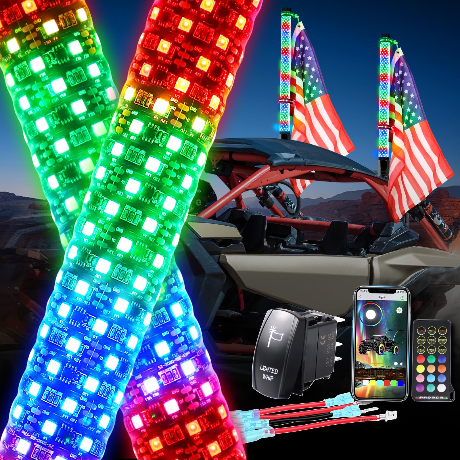AddSafety 2PCS 4FT Fat UTV Whip Lights with Rocker Switch, High Brightness Antenna Whips Side by Side with Steering/Brake and Re