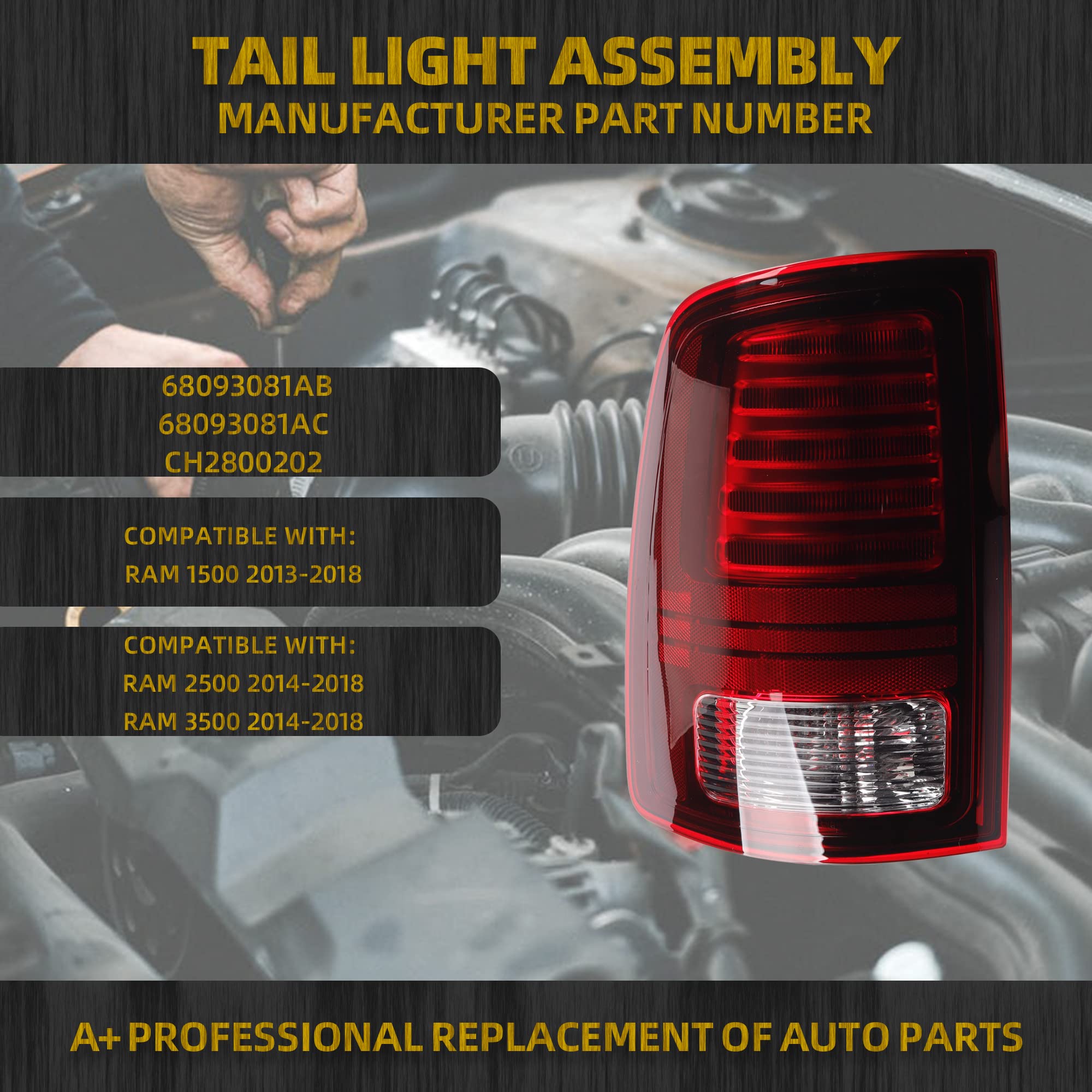 Dasbecan Tail Lights Assembly Driver Side Red Lens Black Interior Compatible With Dodge Ram 1500 2013-2018 Ram 1500 Classic Warl