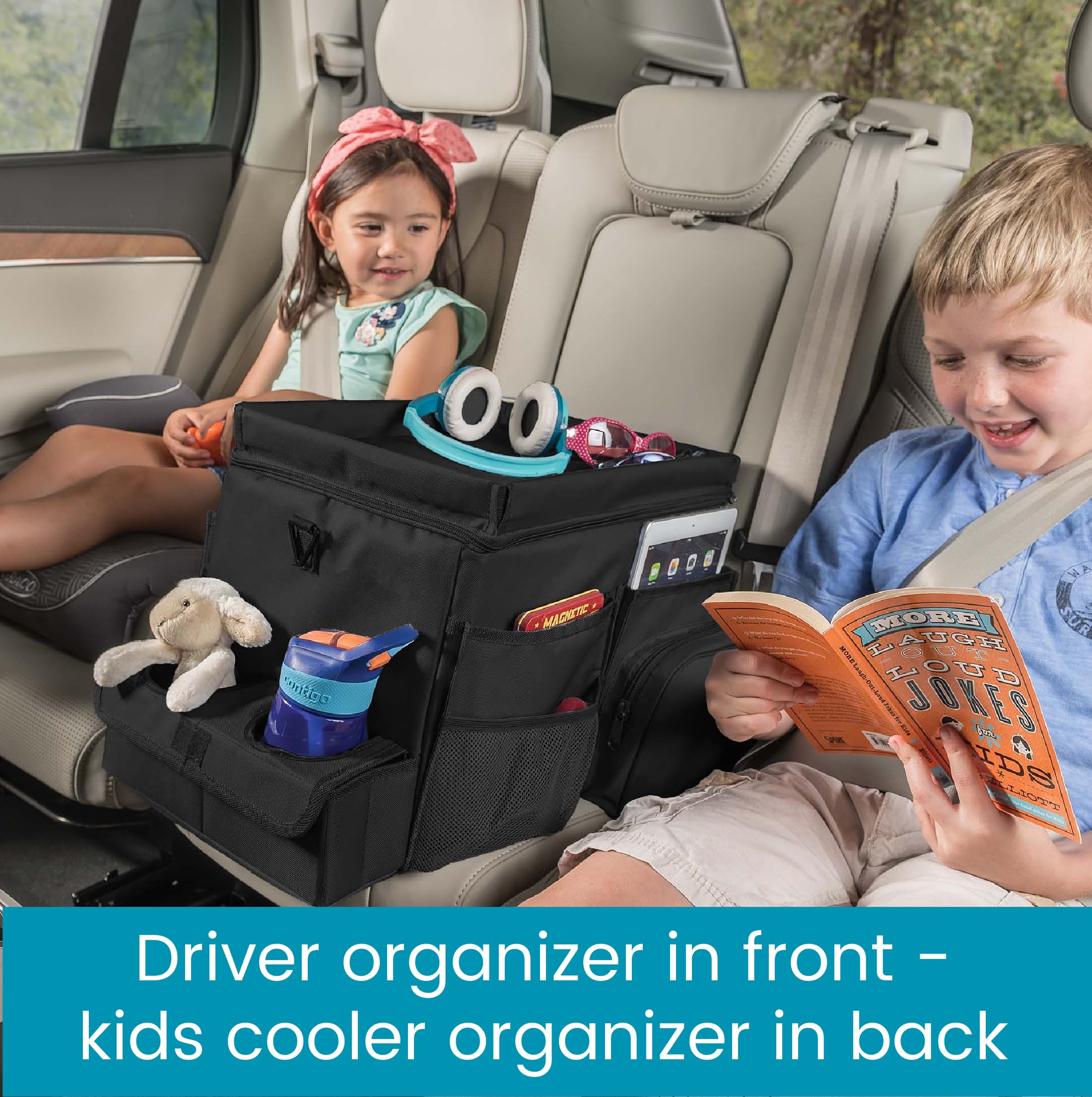 High Road Large CarHop Car Seat Organizer - Black, 600D Oxford Polyester, Cup Holder Tray, Side Pockets, Cooler Compartment