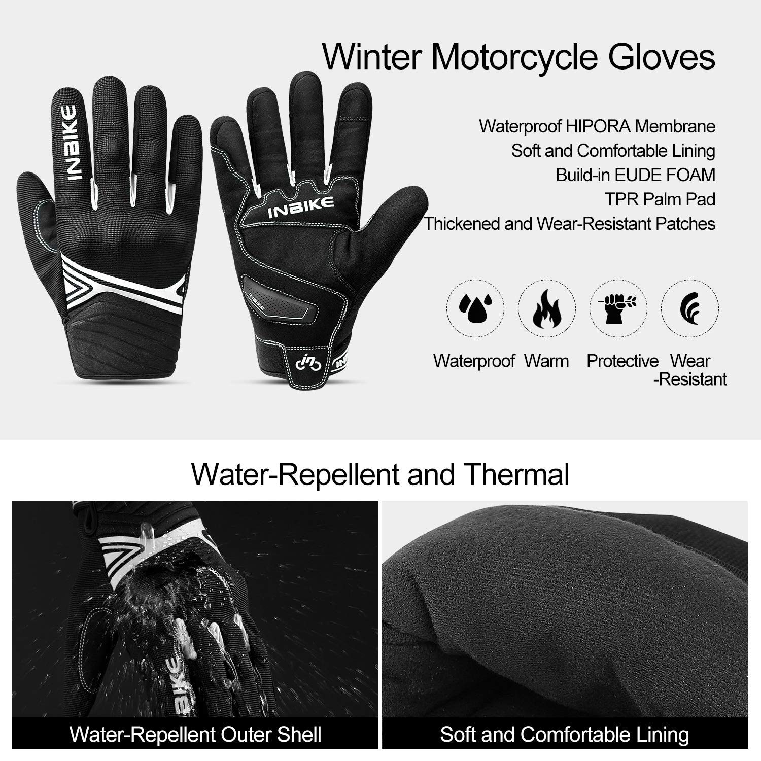 Inbike Waterproof Winter Motorcycle Gloves Thermal Fleece Touchscreen With Tpr Palm Pad Cushioning Hard Knuckle White Small
