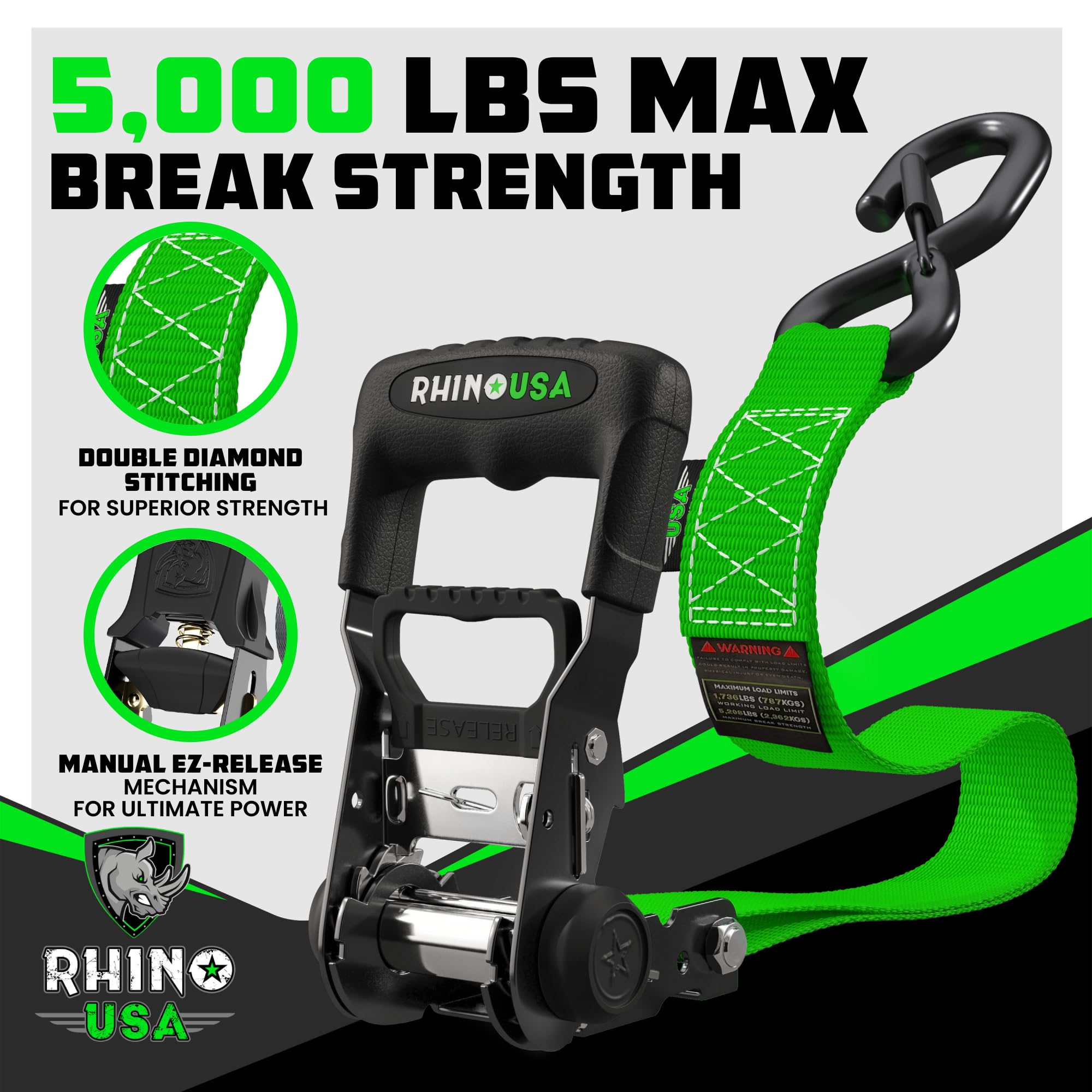 Rhino Usa Ratchet Straps Heavy Duty Kit (4-Pack) - 1.6 Inch X 8 Feet (5,208Lb Break Strength) - Ultimate Tie Down Straps With Sa