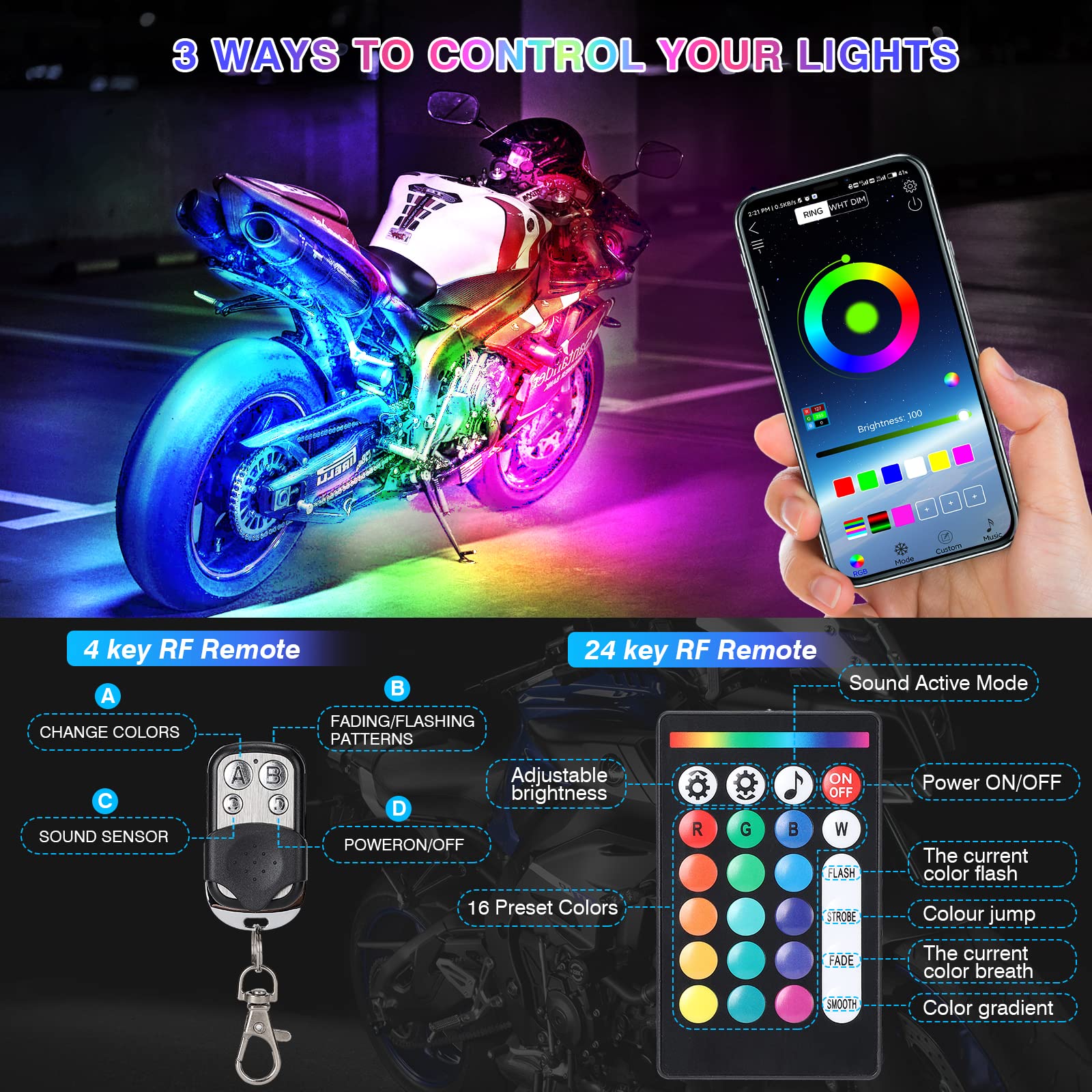 LD DARKEAGLE 18PCS Motorcycle RGB LED Light Kit, Waterproof Underglow with Brake Light & APP/RF Control, MultiColor for Harley Davidson