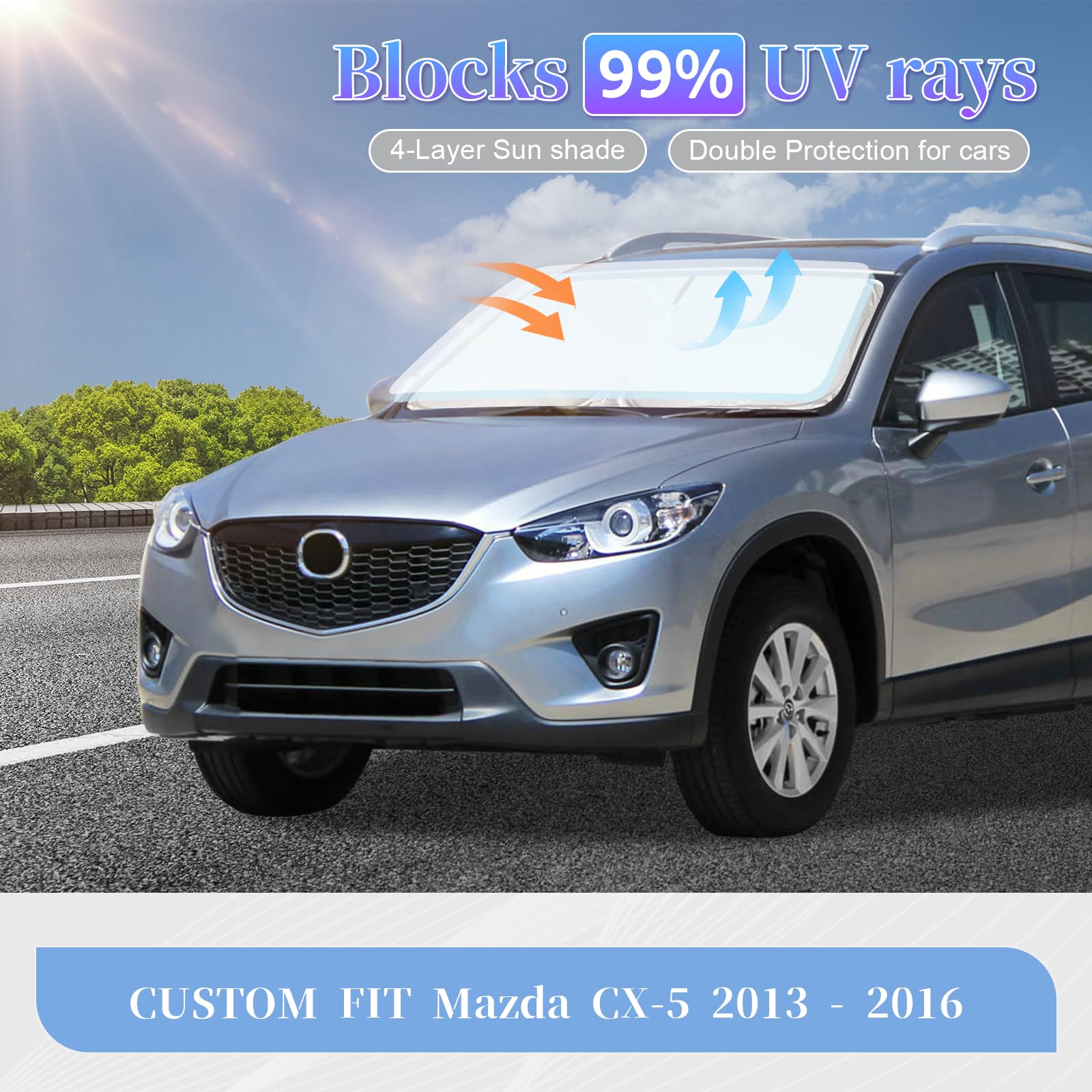 ZOIBV Silver Sun Shade for Mazda CX-5 2013-2016, 4-Layer Foldable Windshield Cover, UV Ray Blocker, Custom Fit Car Accessory