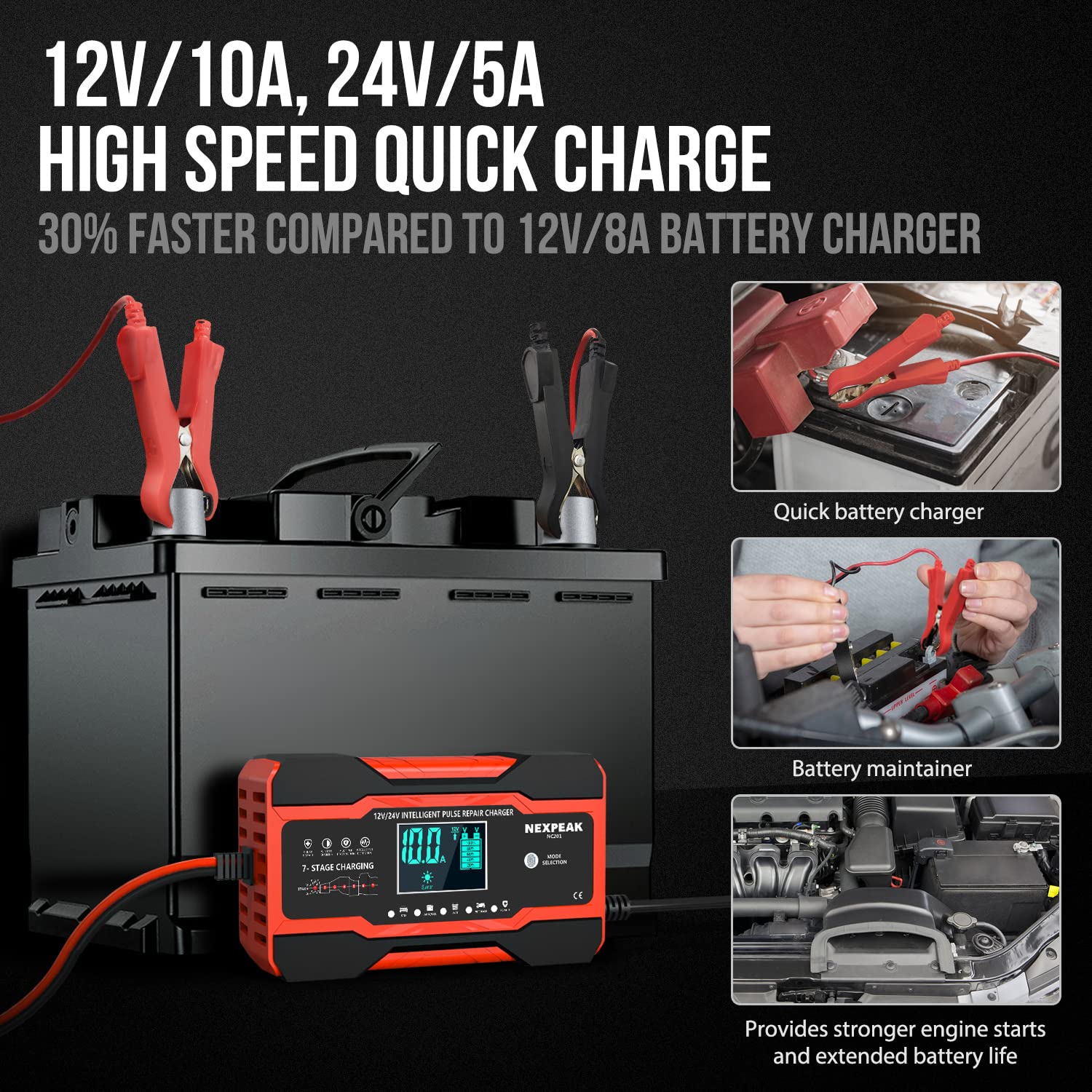 NEXPEAK NC201 10-Amp Smart Trickle Car Battery Charger 12V/24V Fully Automatic Maintainer w/Temp Compensation