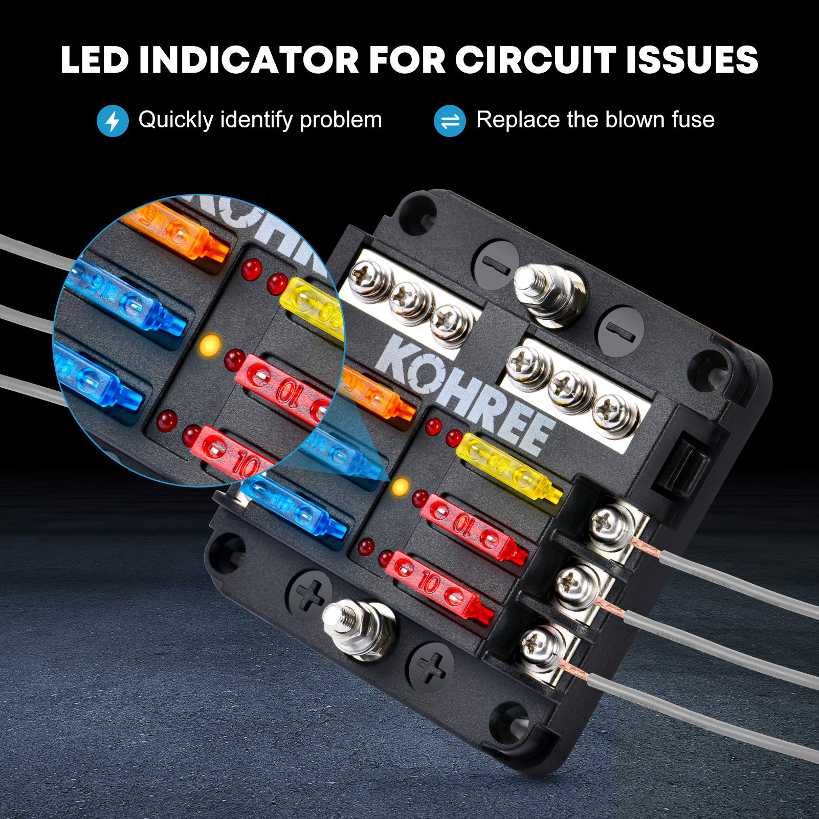 Kohree 6 Way Boat Fuse Block 12V, 12 Volt Marine Fuse Block Waterproof With Led Indicator, Automotive Fuse Box Holder 12V/24V Wi