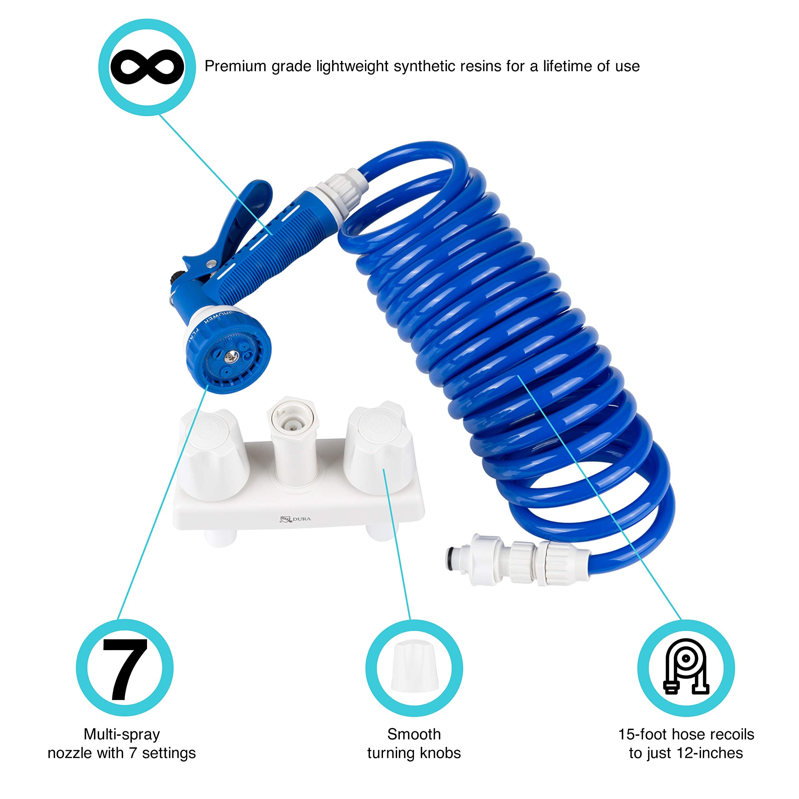 Dura Faucet Df-Sa186-Wt Rv Exterior Quick Connect Detachable Spray Faucet With 7-Option Nozzle (White/Blue)