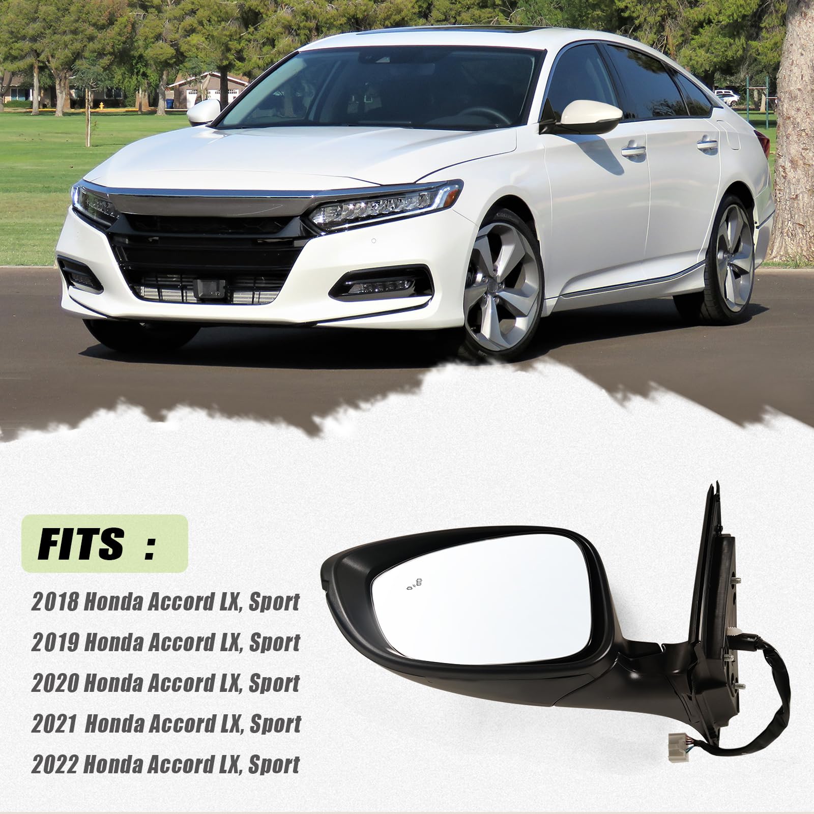 Lqito Left Driver Side Mirror for 2018-2022 Honda Accord, Power Glass, Heated, Blind Spot Detection, Turn Signal, Platinum White Pearl, 8Pins