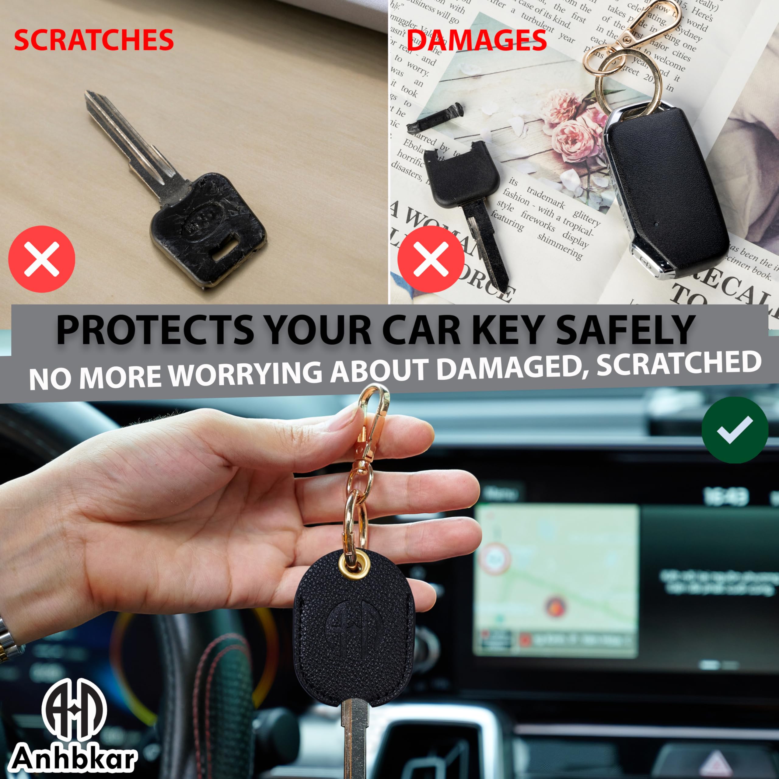 ANHBKAR Leather Keys Sleeve for Broken Car Key Loop Replacement - Cute Keychain Cover - Protector, Holder for Men & Women (Small