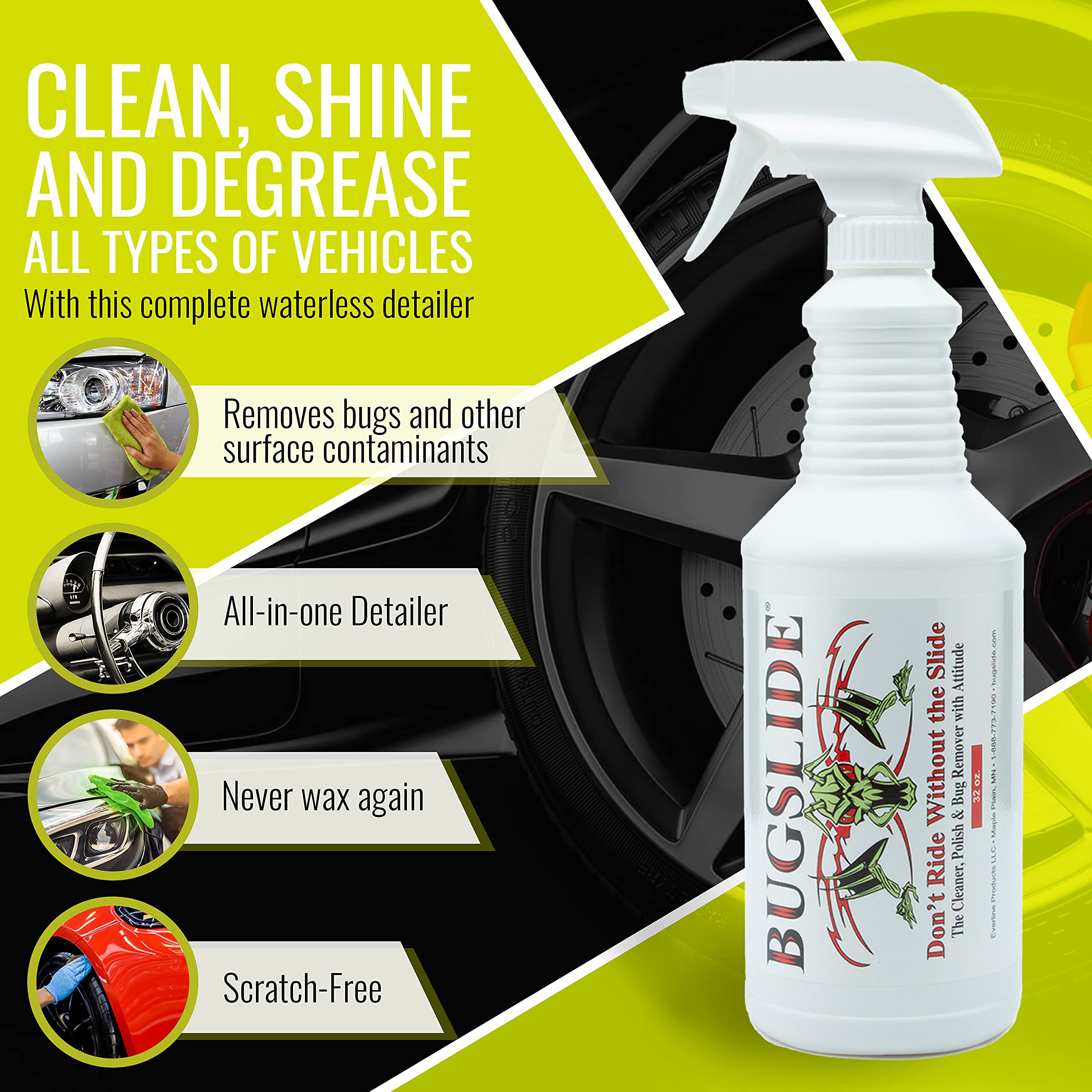Bugslide Bug Remover – All Purpose Car Cleaner & Detailer Spray, For Vehicle Interior & Exterior Use, Shines, Degreases, Polishes, Wipes Away Bugs On Plastic, Metal,Glass, Windows, Mirrors, 32 Oz