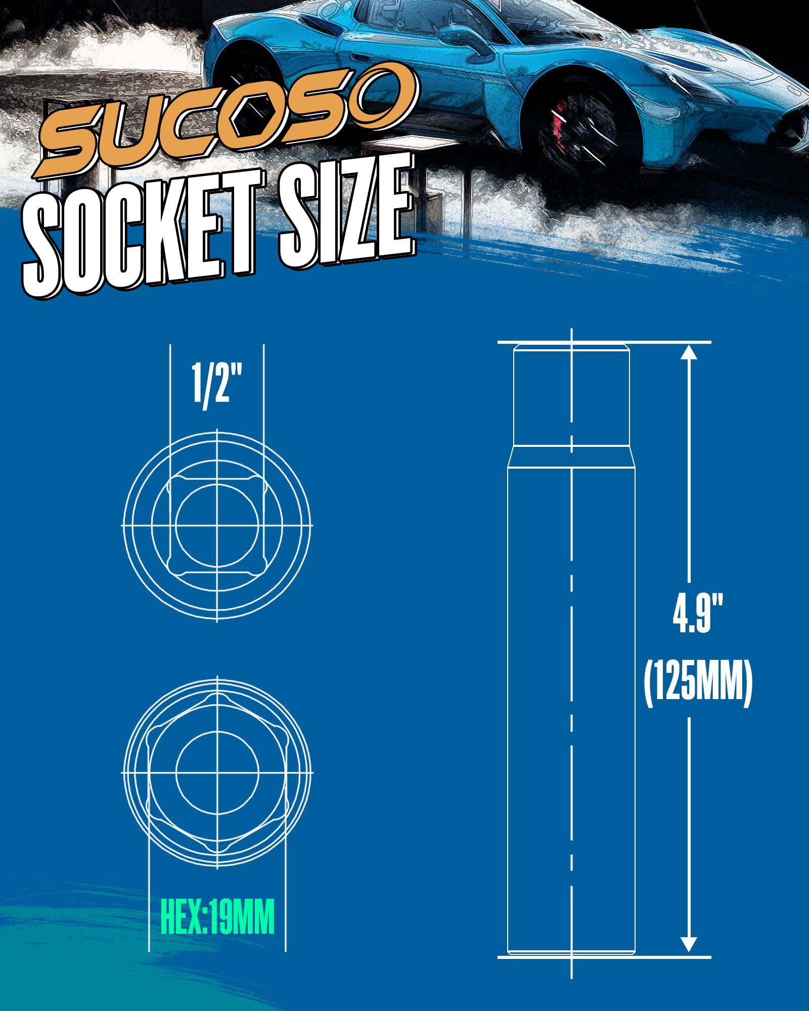 SUCOSO Spike Lug Nuts Socket Key, 19mm Alloy Steel Tool, Compatible with Various Sizes, Silver, Model SLNSC01