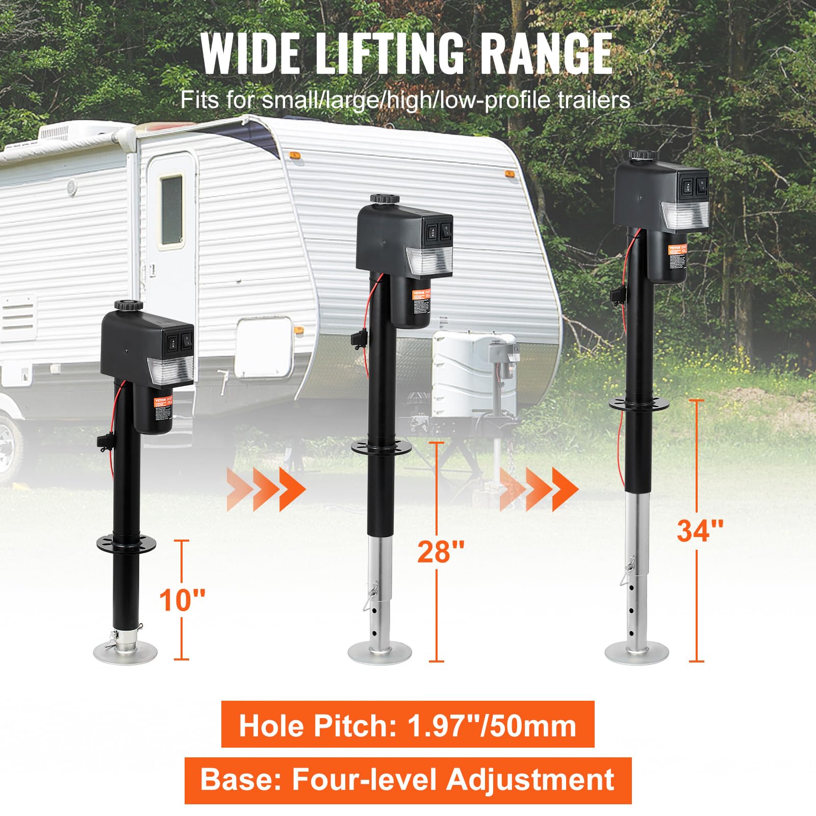 VEVOR Electric Trailer Jack 3500lbs Capacity, 9.84"-33.85" Adjustable, Carbon Steel, Black, Model EJ3500B with Waterproof Cover