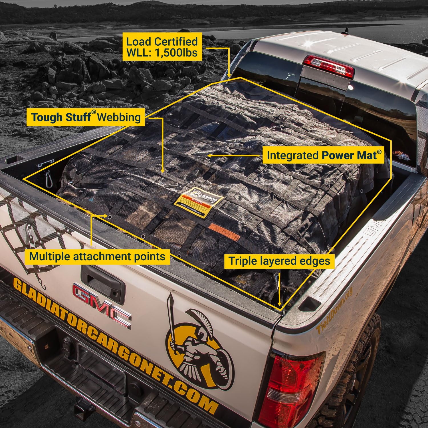 Gladiator Cargo Nets - Heavy Duty Cargo Net-(Wll): 1,500 Lbs - Truck Accessory - Cargo Carrier - Truck Organizer -Truck Bed Cover-Trailer-Pickup-Boat-Jeep-Suv-5Ft Bed (Sgn-100) 4.75' X 6' Ft.