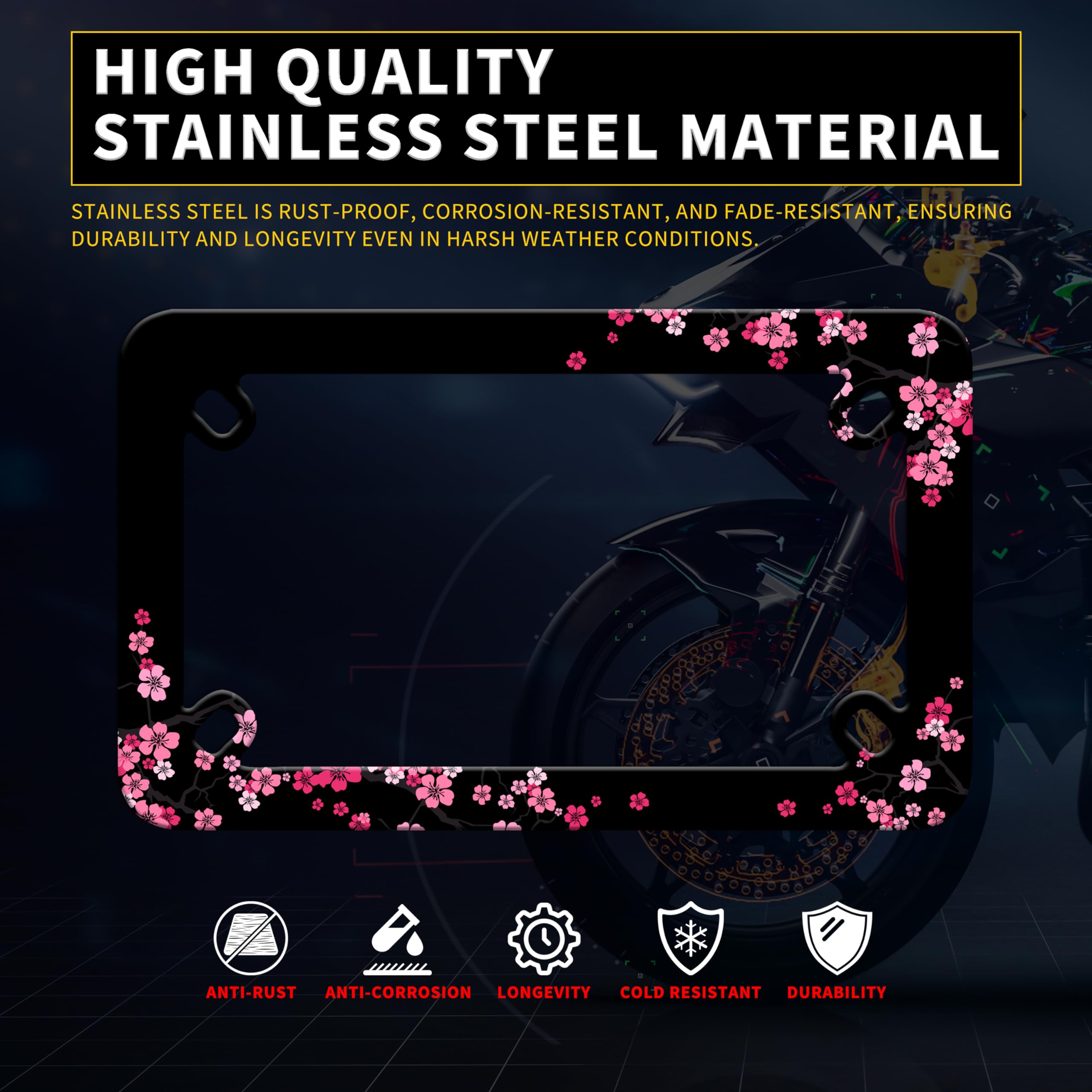 Motorcycle Pink Cherry Blossoms License Plate Frame Flowers Stainless Steel Material Funny Motorbike License Plate Holder Motorc