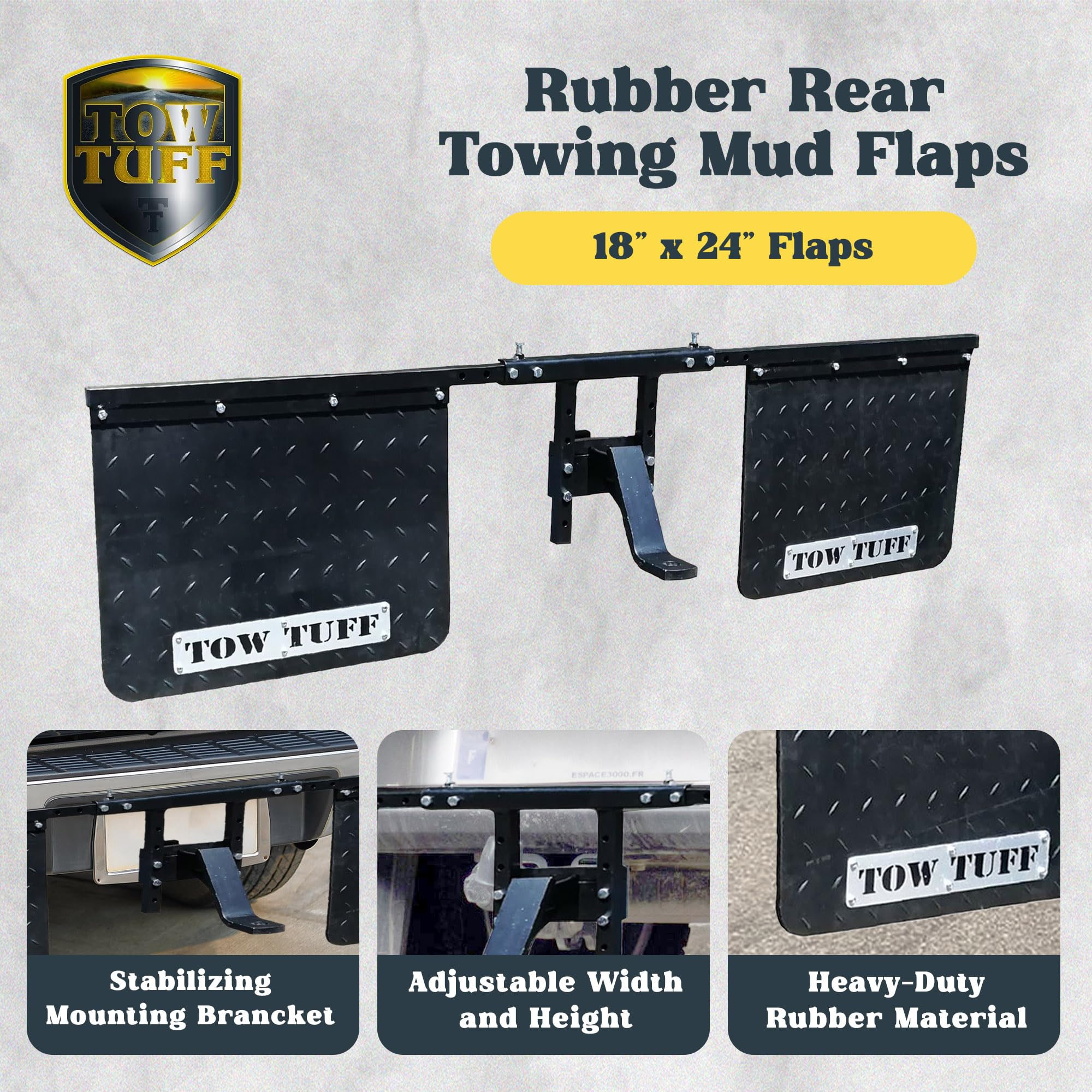 Tow Tuff 18 X 24 Inch Universal Hitch Mount Rubber Rear Splash Guard Towing Mud Flaps With Width And Height Adjustments, Black