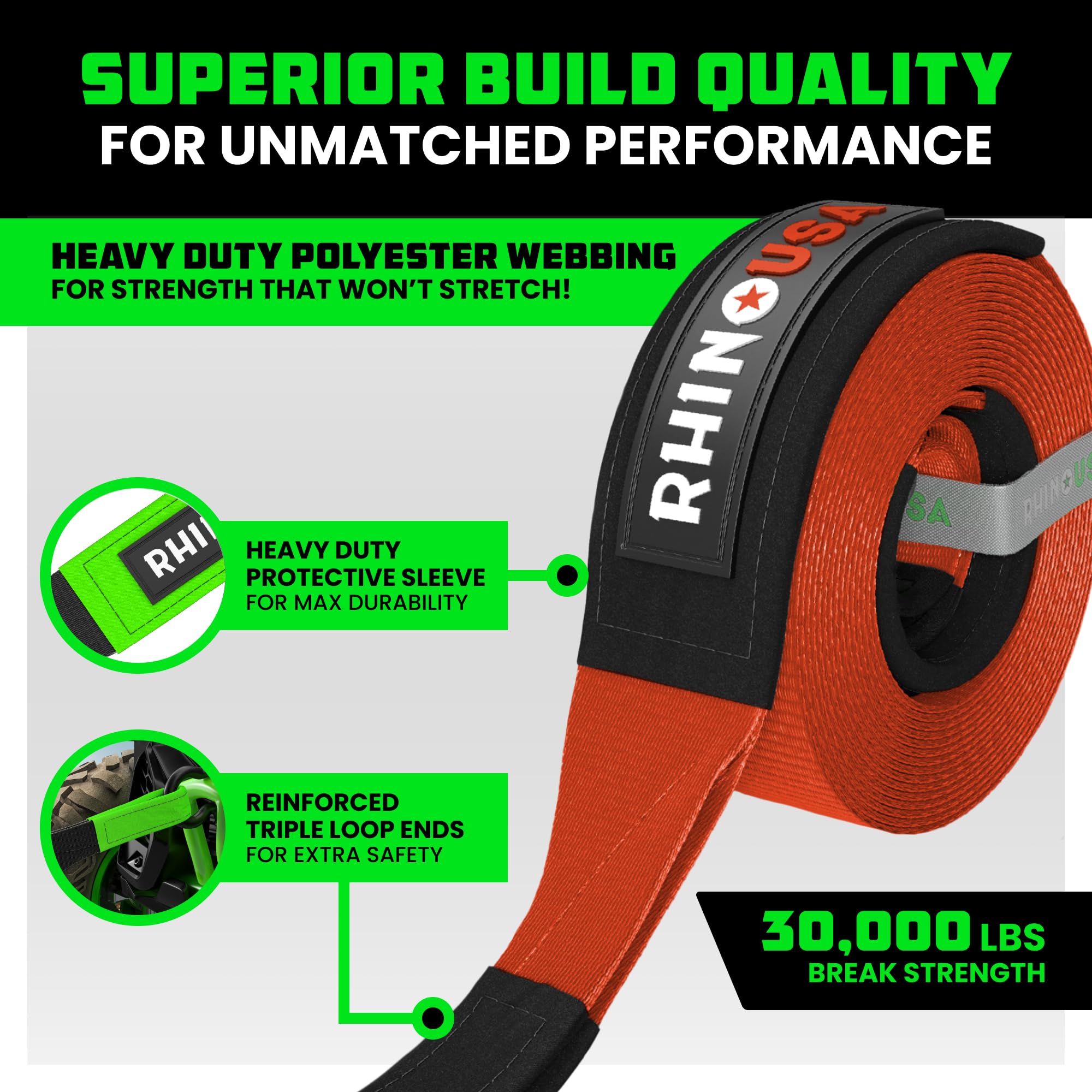Rhino Usa Recovery Tow Strap (3''X20') - 31,518Lb Break Strength- Emergency Recovery Strap Tow Rope For Truck, Utv, Atv & More -