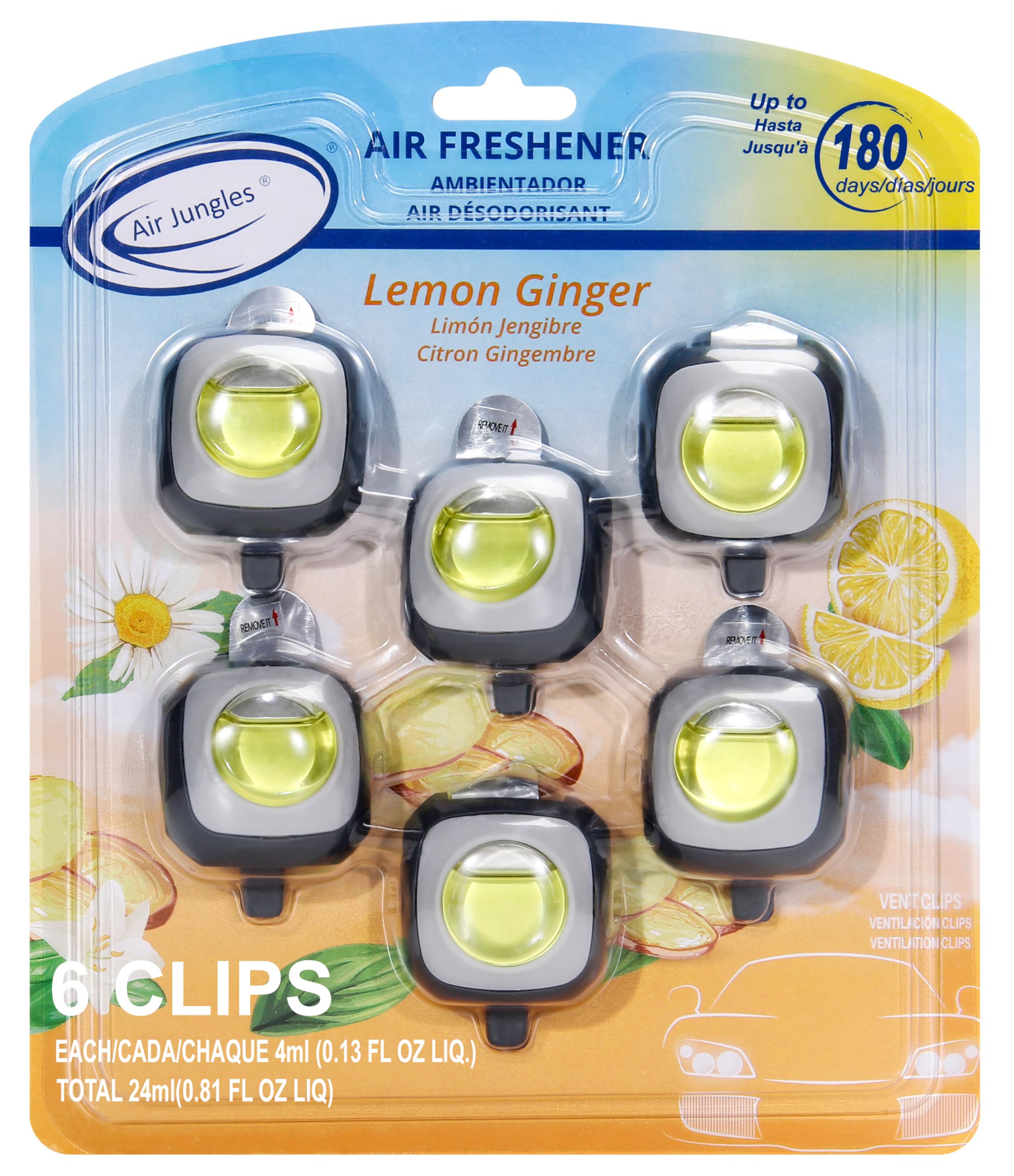 Air Jungles Lemon Ginger Scent Car Air Freshener Clip, 6 Vent Clips, 4Ml Each, Long Lasting Air Freshener, Up To 180 Days Car Re