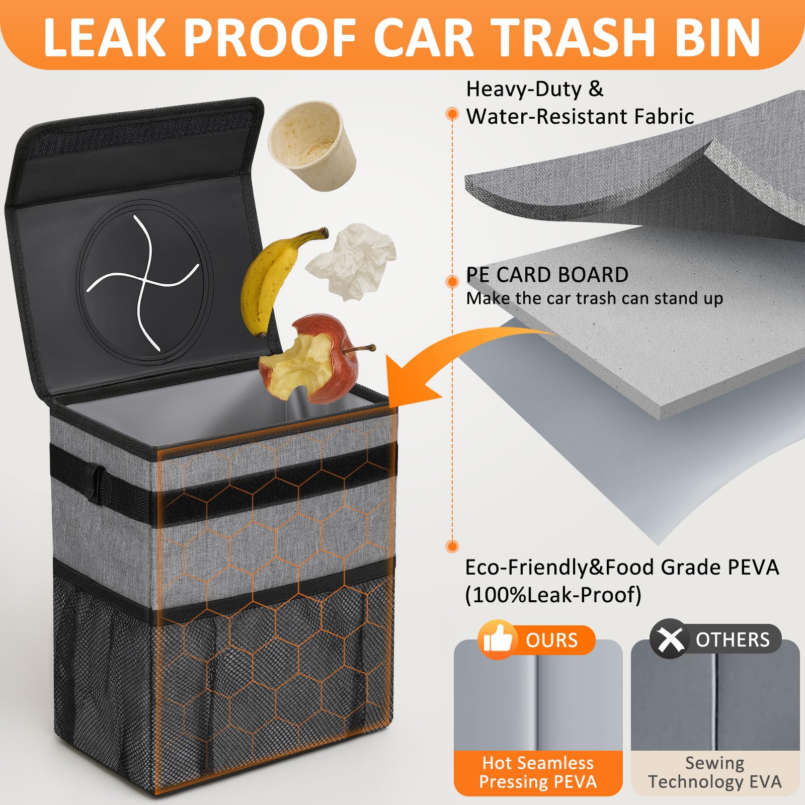 Vankor 3 Gallons Car Trash Can With Lid, Car Trash Bag Bin Hanging Waterproof Automotive Garbage Cans Leak Proof Vehicle Can Gre