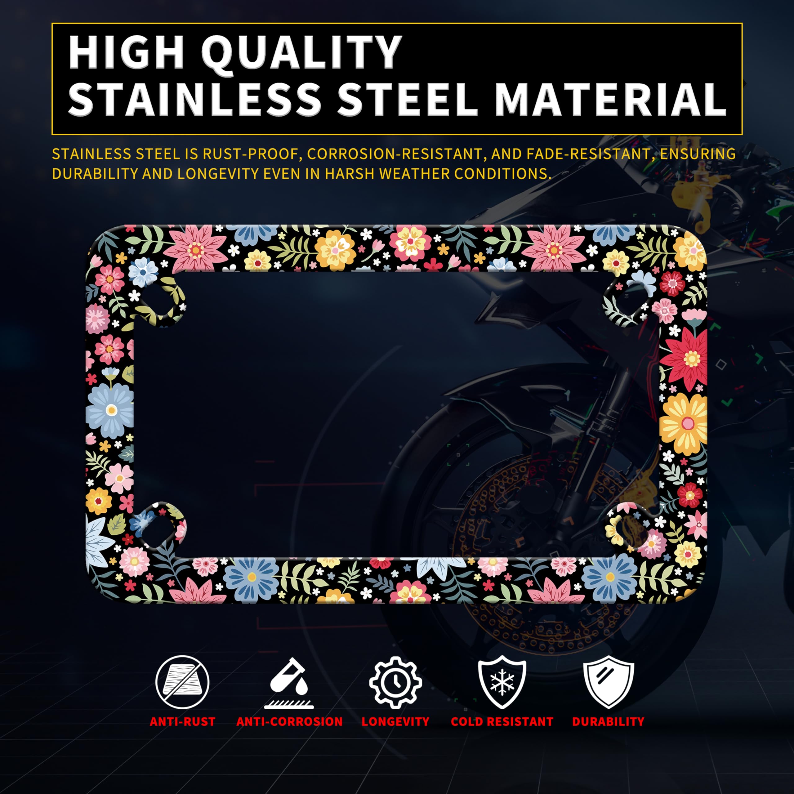 Motorcycle Folk Art Flowers License Plate Frame Colorful Floral Stainless Steel Material Funny Motorbike License Plate Holder Mo