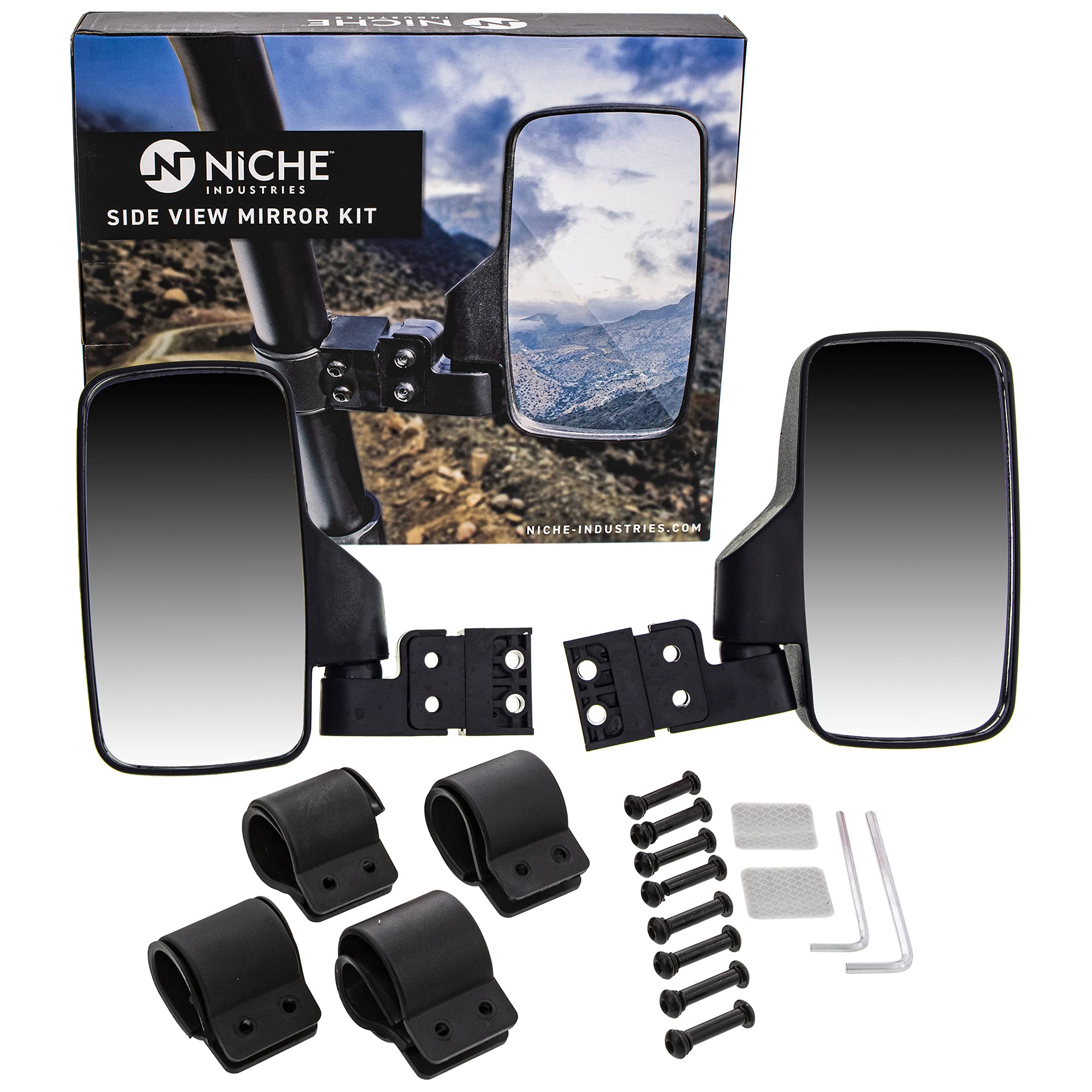 Niche Utv Side View Mirror Set With 1.75' - 2' Roll Bar Cage For Polaris Rzr Kawasaki Teryx Mule Pioneer Yamaha Rhino (Black)