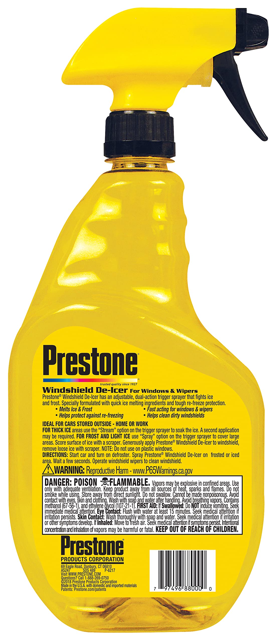 Prestone Windshield De-Icer Trigger Spray, 32 oz, Pack of 6, Yellow, Model AS247