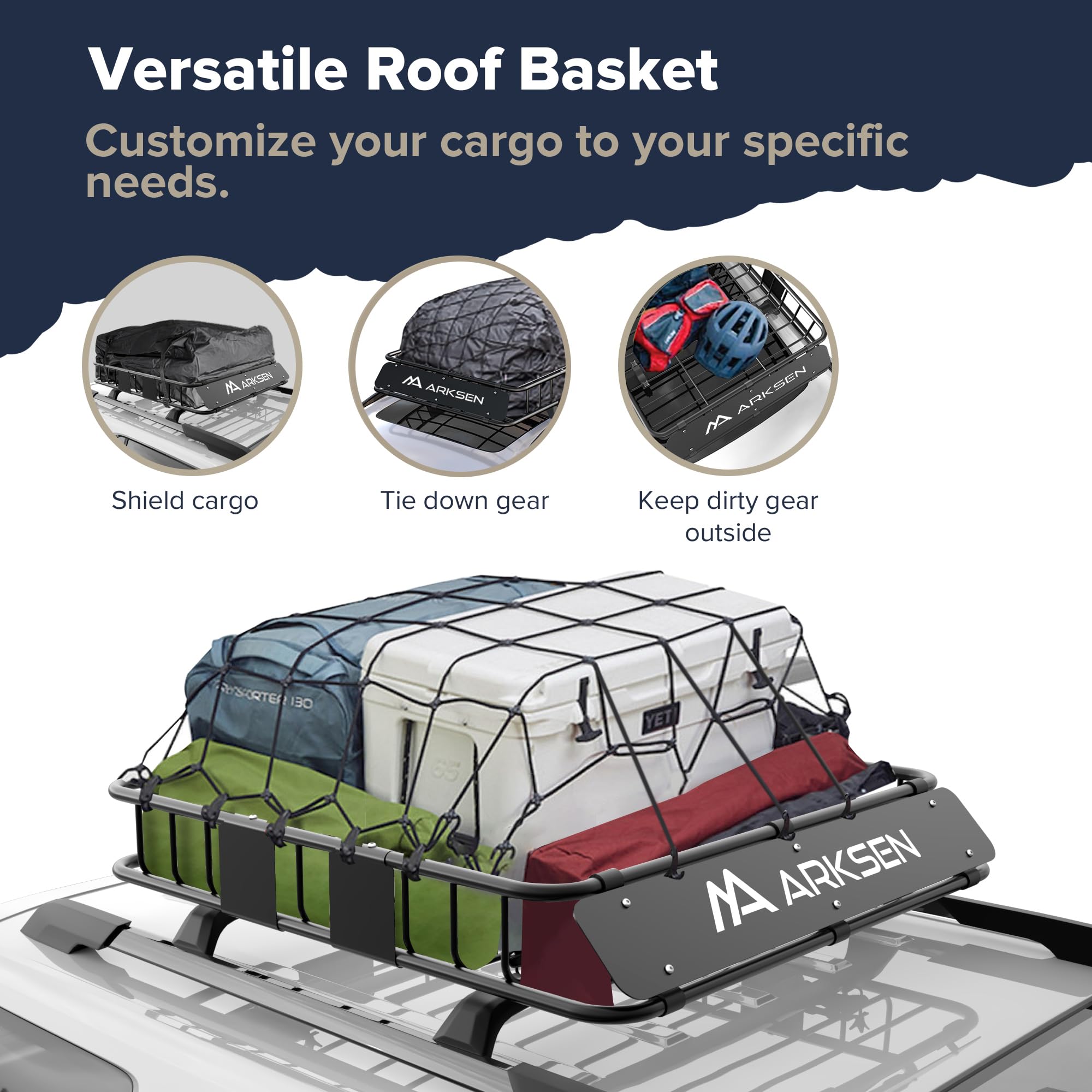 Arksen 43 X 39 X 6 Inch Universal 250Lb Heavy Duty Roof Rack Cargo With Cargo Net & Ratchet Straps, Car Top Luggage Holder Carri
