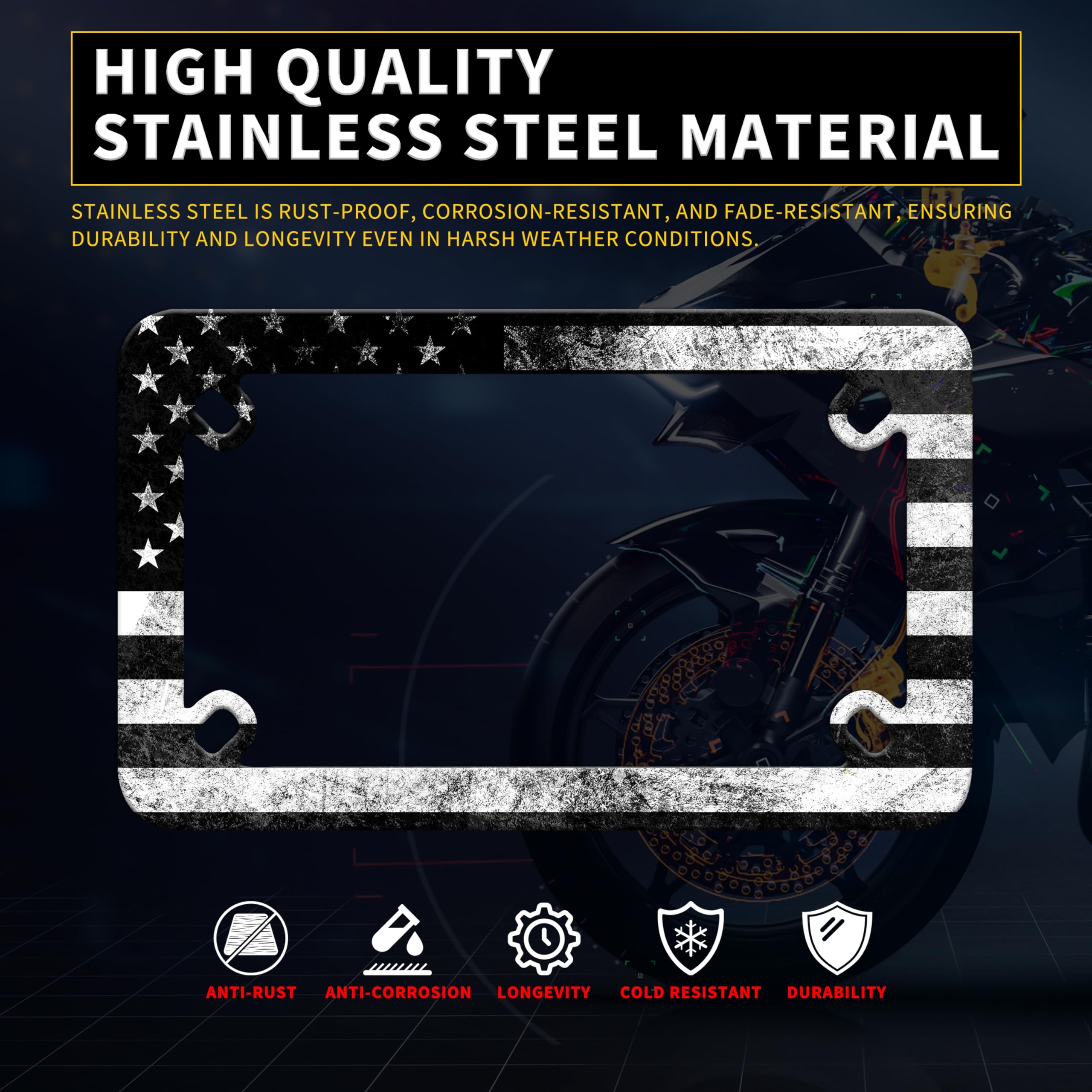 Motorcycle Retro American Flag Black White License Plate Frame Stainless Steel Material Funny Motorbike License Plate Holder Mot
