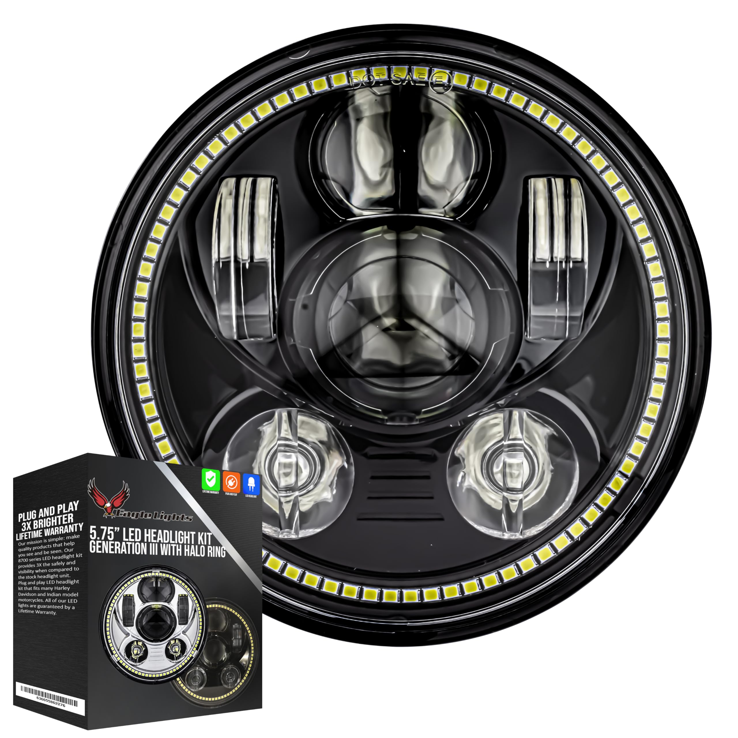 Eagle Lights 8900BG3H-SCOUT Indian Scout Motorcycle LED Headlight with White Halo Ring, Fits 2015+ Scout 60, Scout and Scout Bob