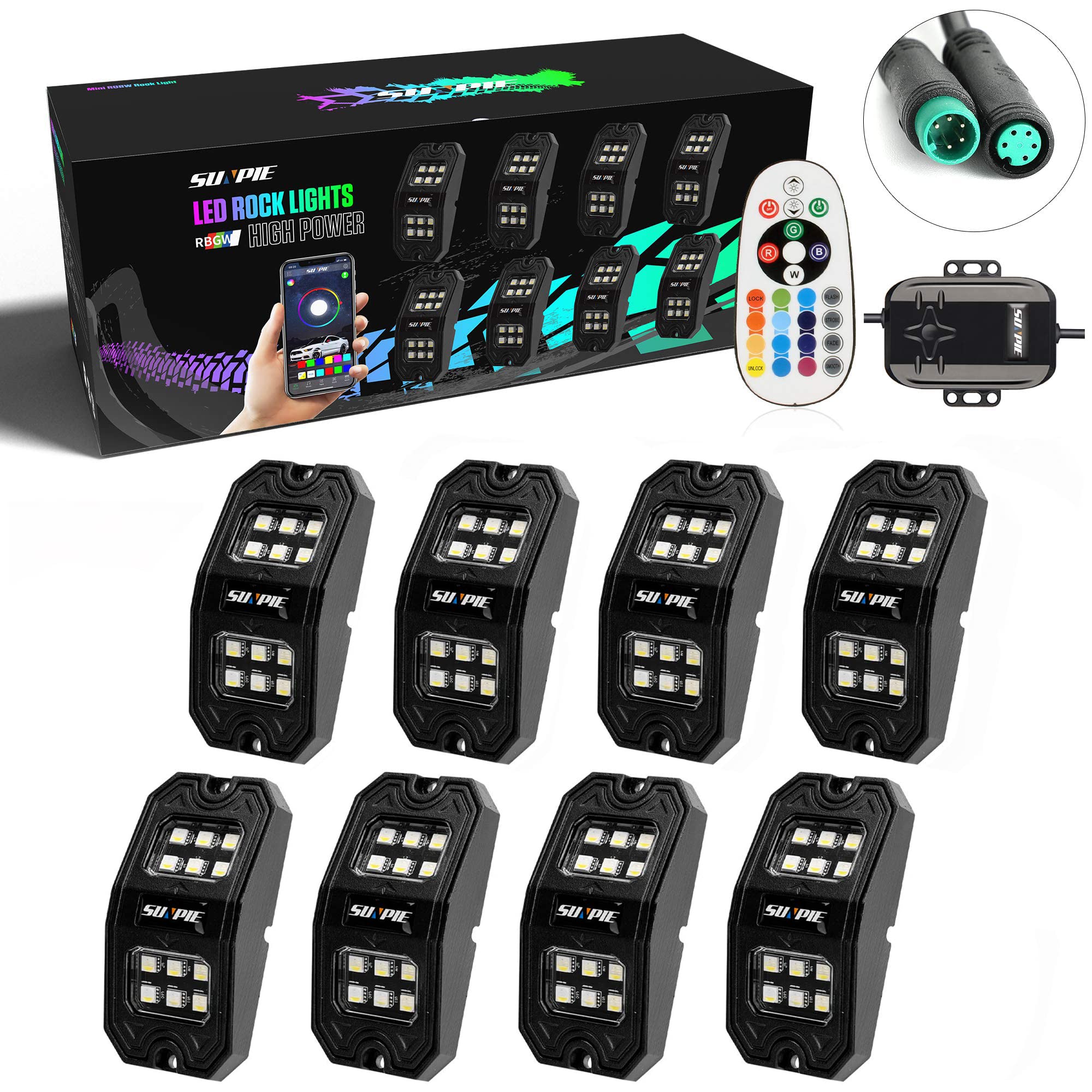 Sunpie 8 Pods 210 Degrees Wide Angle Rgbw Rock Lights Phone App Voice Mode Music Mode Automatic Control Neon Light Kit Wheel Wel