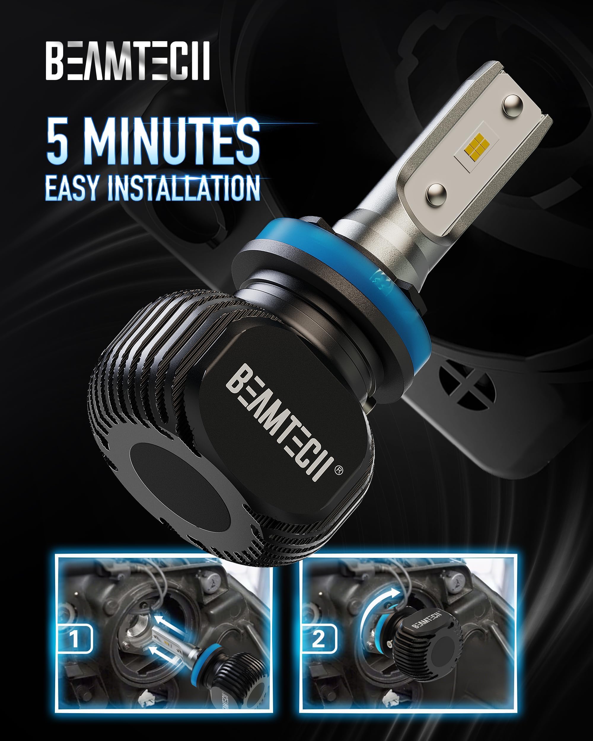 BEAMTECH H11 S1 Series Bulbs - 300% Brighter 6500K White Fog Lights, H8/H9 Compatible, Aluminum Construction, 2 Pack