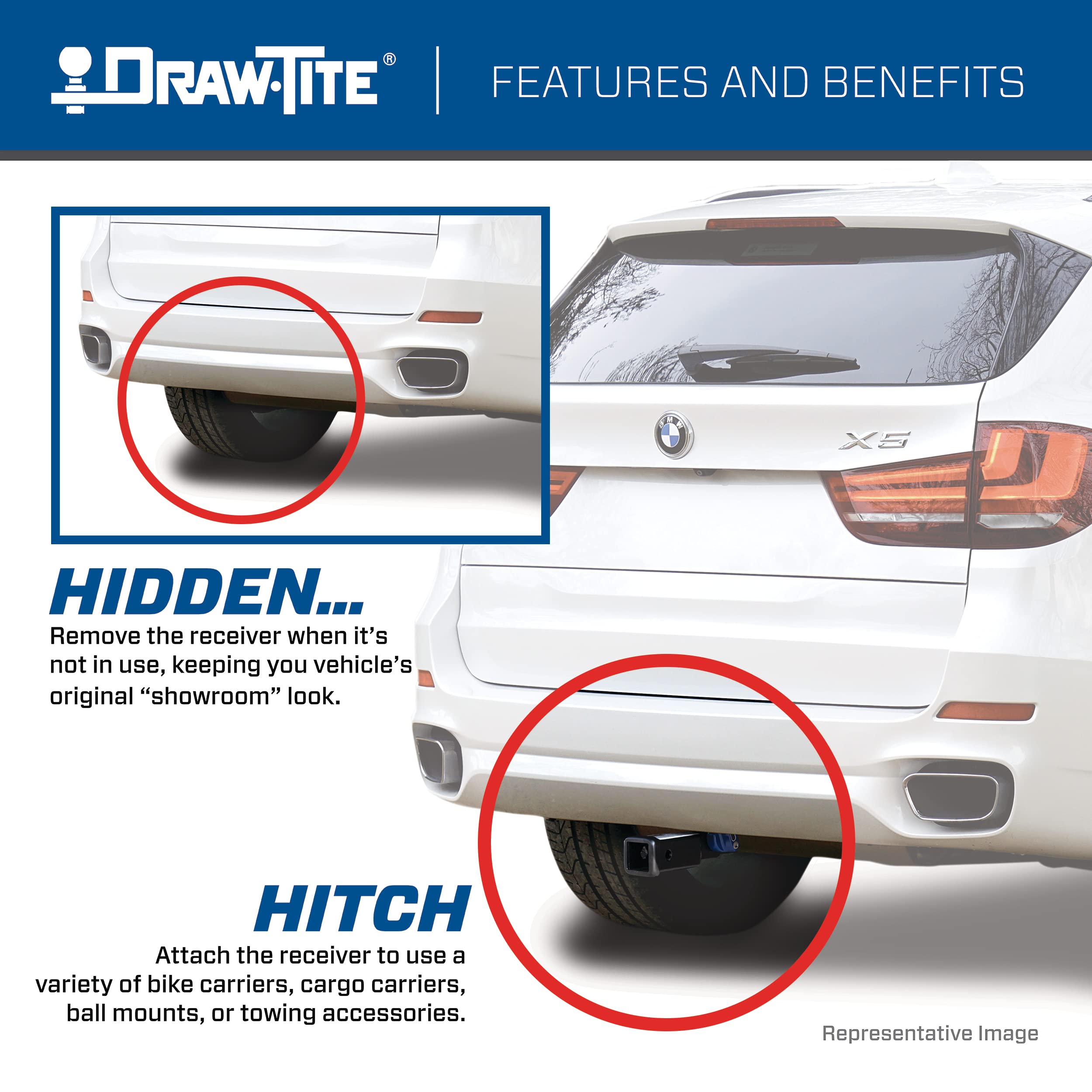 Draw-Tite 76916 Hidden Hitch Completely Hidden Trailer Hitch 2 In. Removable Receiver, Black, Compatable With 2017-2022 Chrysler