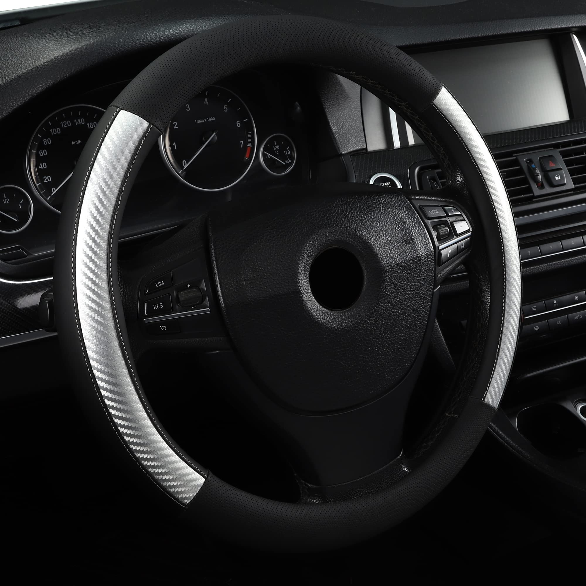 Microfiber Leather 15' Universal Fit Car Steering Wheel Cover, Elastic Nonslip Breathable And Odorless, Black & Silver