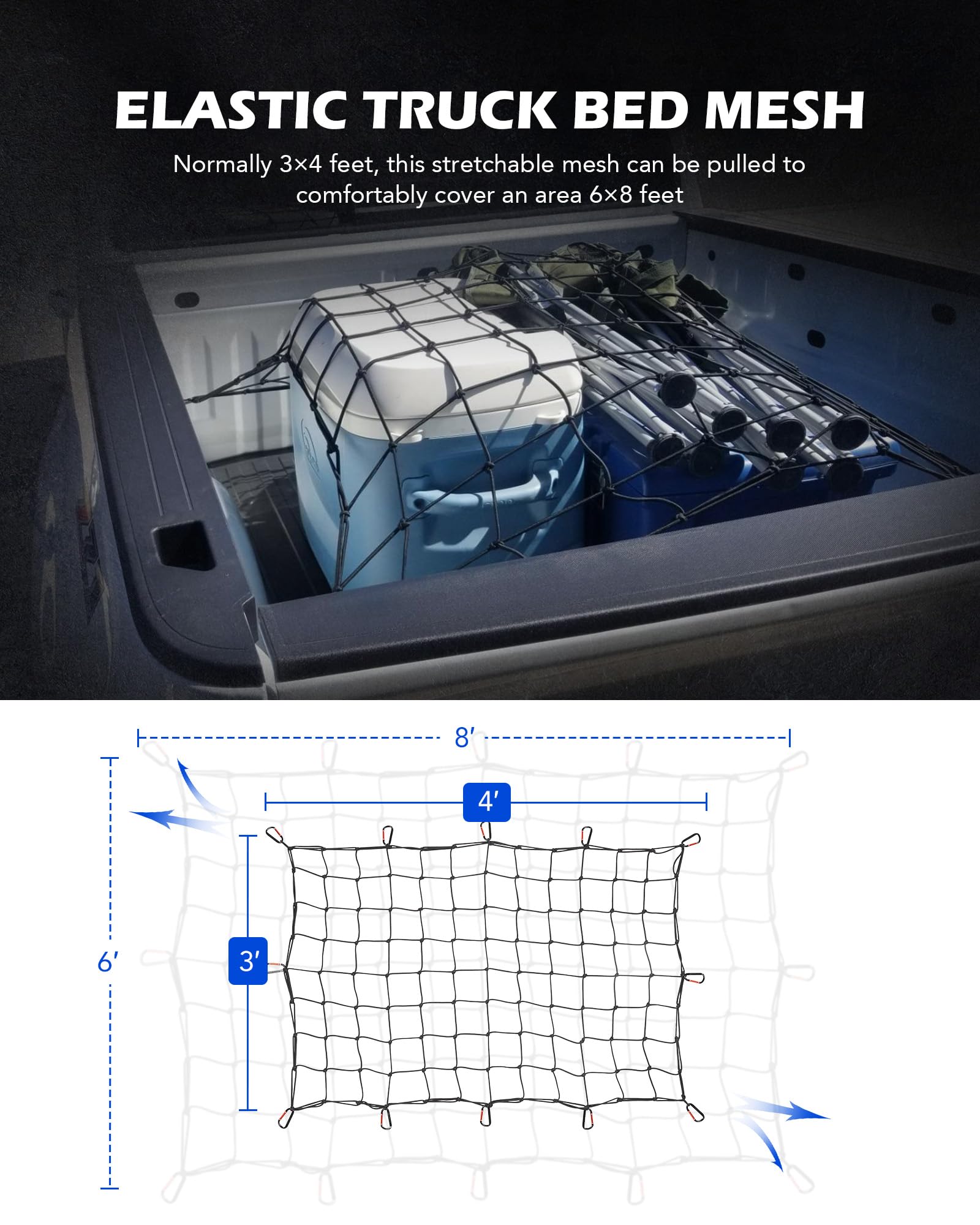Orion Motor Tech 3X4 Ft Heavy Duty Cargo Net For Pickups Suvs Vans Semis, 6X8Ft Max Bungee Cord Net For Truck Bed Roof Rack Trai