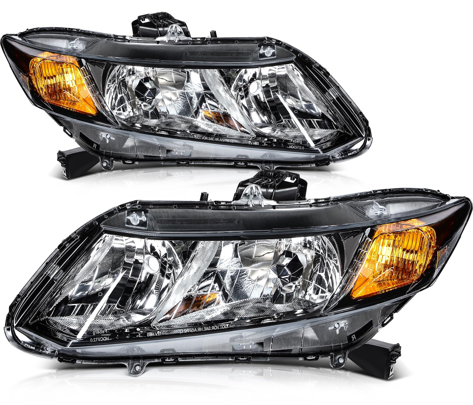 LSAILON Fit For Honda Civic 2012-2015 Headlight Assembly Clear Lens Black Housing Amber Reflector Driver and Passenger Side