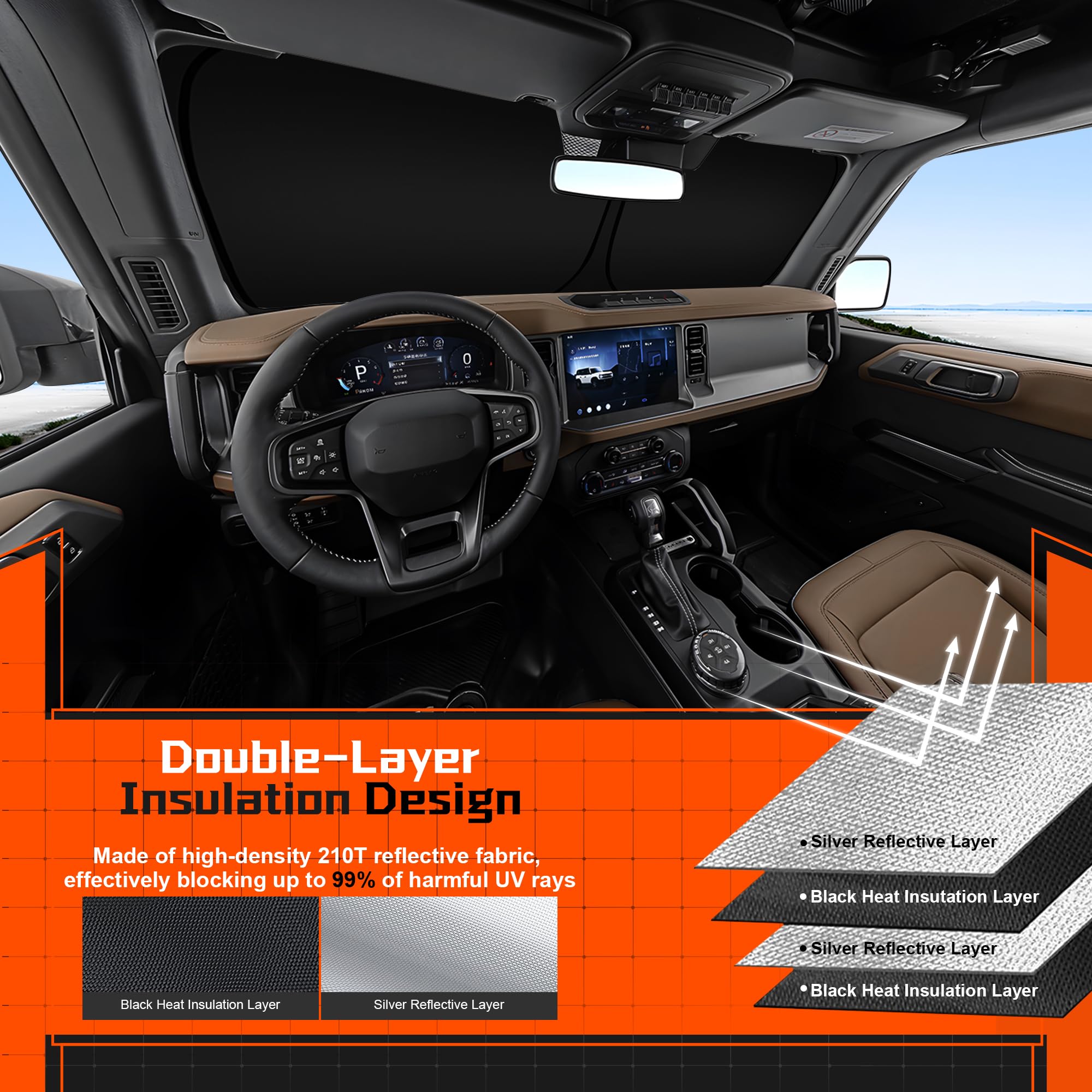 Toluoma Custom Fit Windshield Sun Shade For Dodge Ram 1500 2011-2018 - Full Coverage, 210T Reflective Fabric, Double-Layer Desig