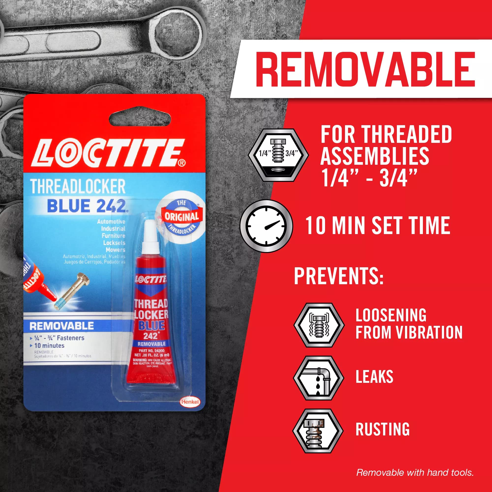 Loctite  Heavy Duty Threadlocker, 0.2 Oz, Blue 242, Single