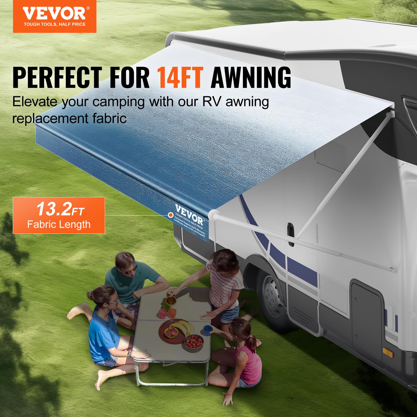 Vevor Rv Awning Fabric Replacement, 13'2'' Fabric Length For 14' Awning, Heavy Duty 3-Ply 16Oz Pvc Camper Awning Fabric, Waterpr