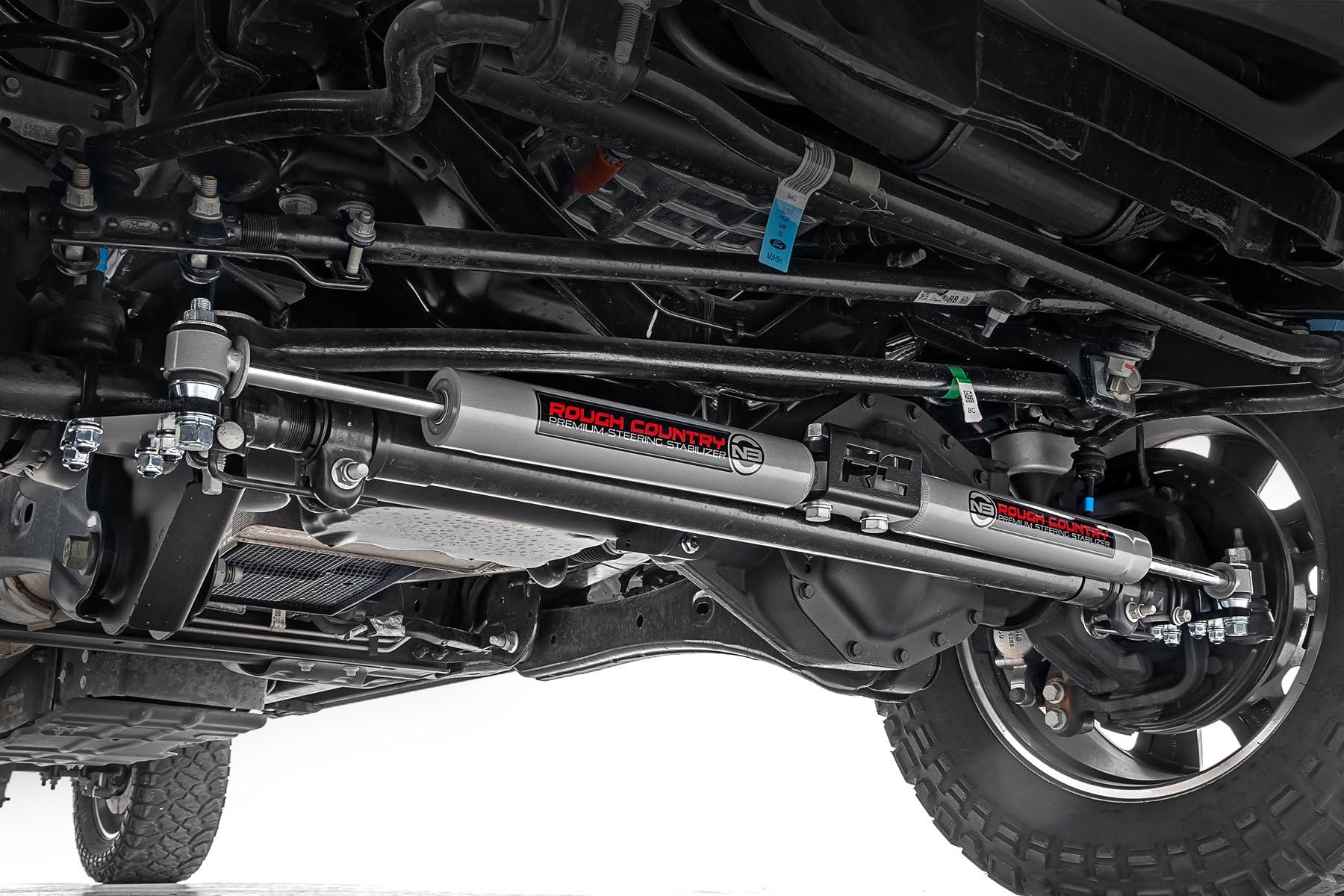 Rough Country N3 Dual Steering Stabilizer - Alloy Steel, Metallic Silver, Model 8749130 for 05-24 Ford Super Duty