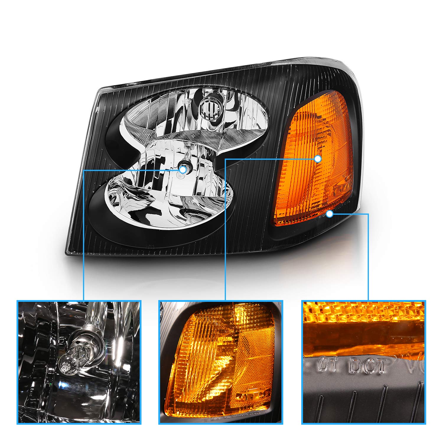 AmeriLite Black Headlight Set for GMC Envoy - Driver & Passenger Side with Hi/Lo Beam Bulbs
