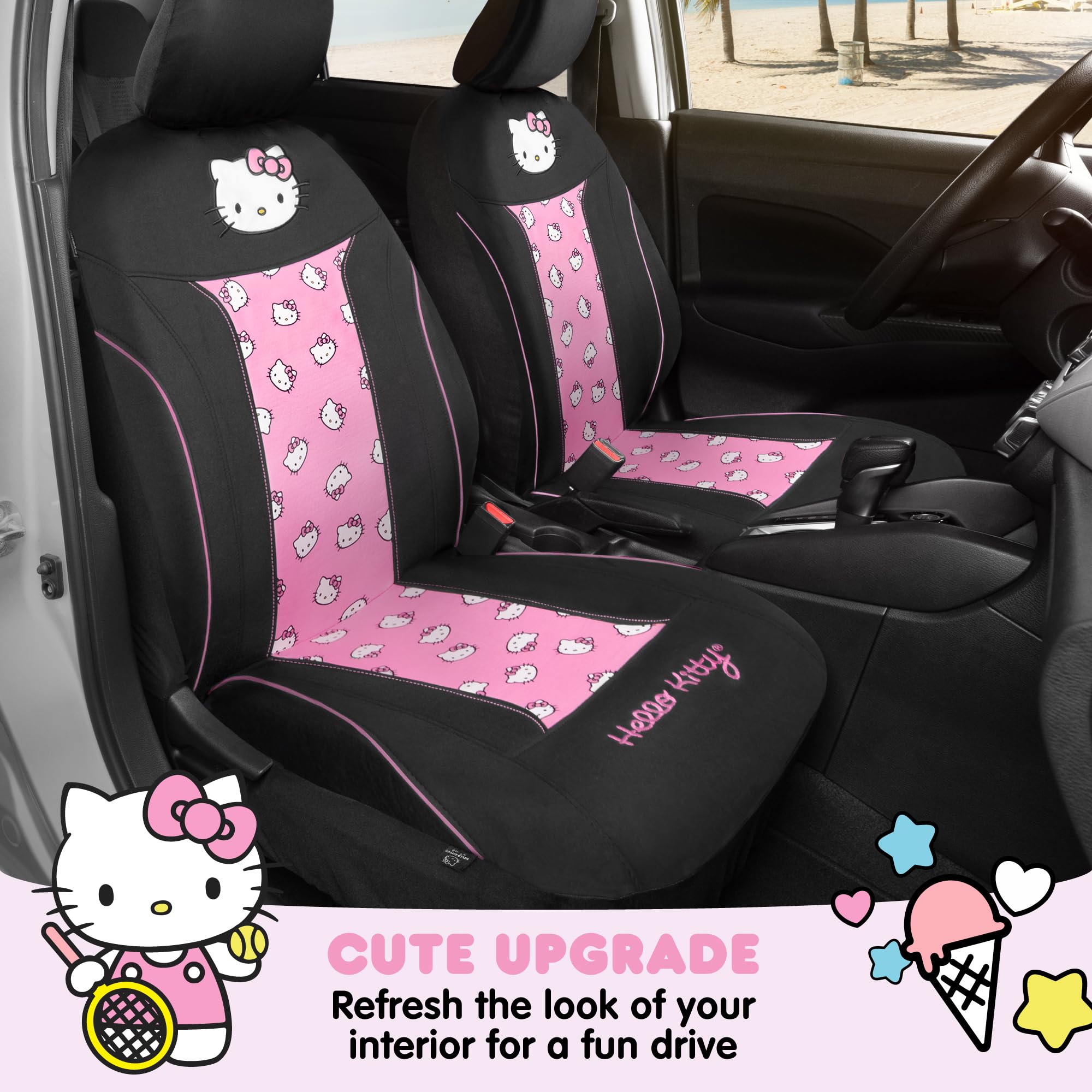 Carbella Hello Kitty Car Seat Covers - Cute Pink Polyester, 2pc Set, Black/Pink, Model SRSC-1104, Durable & Comfortable Automotive Accessories
