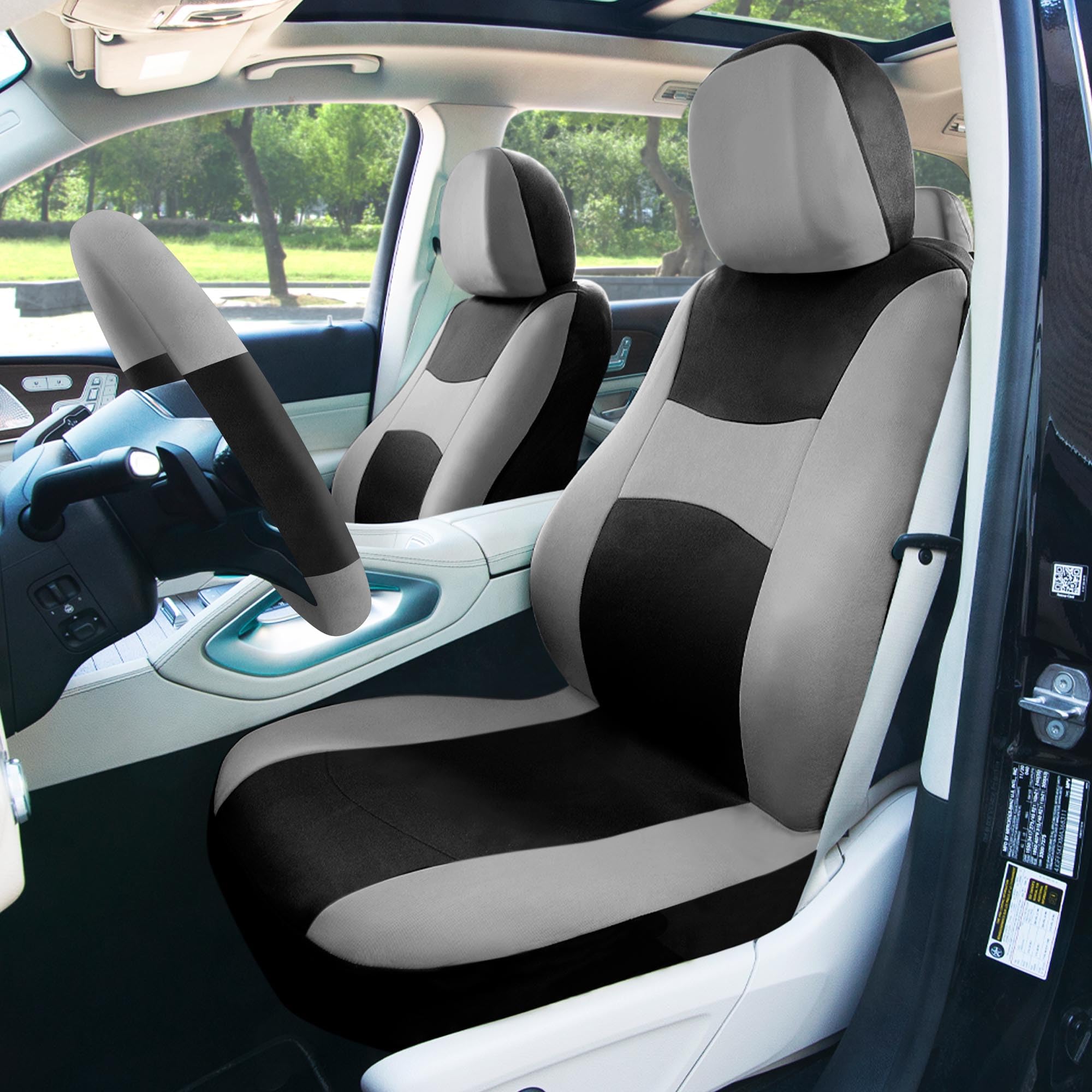Fh Group Universal Fit Gray Black Automotive Seat Covers Combo Set With Steering Wheel Cover And Seat Belt Pad Fits Most Cars, S