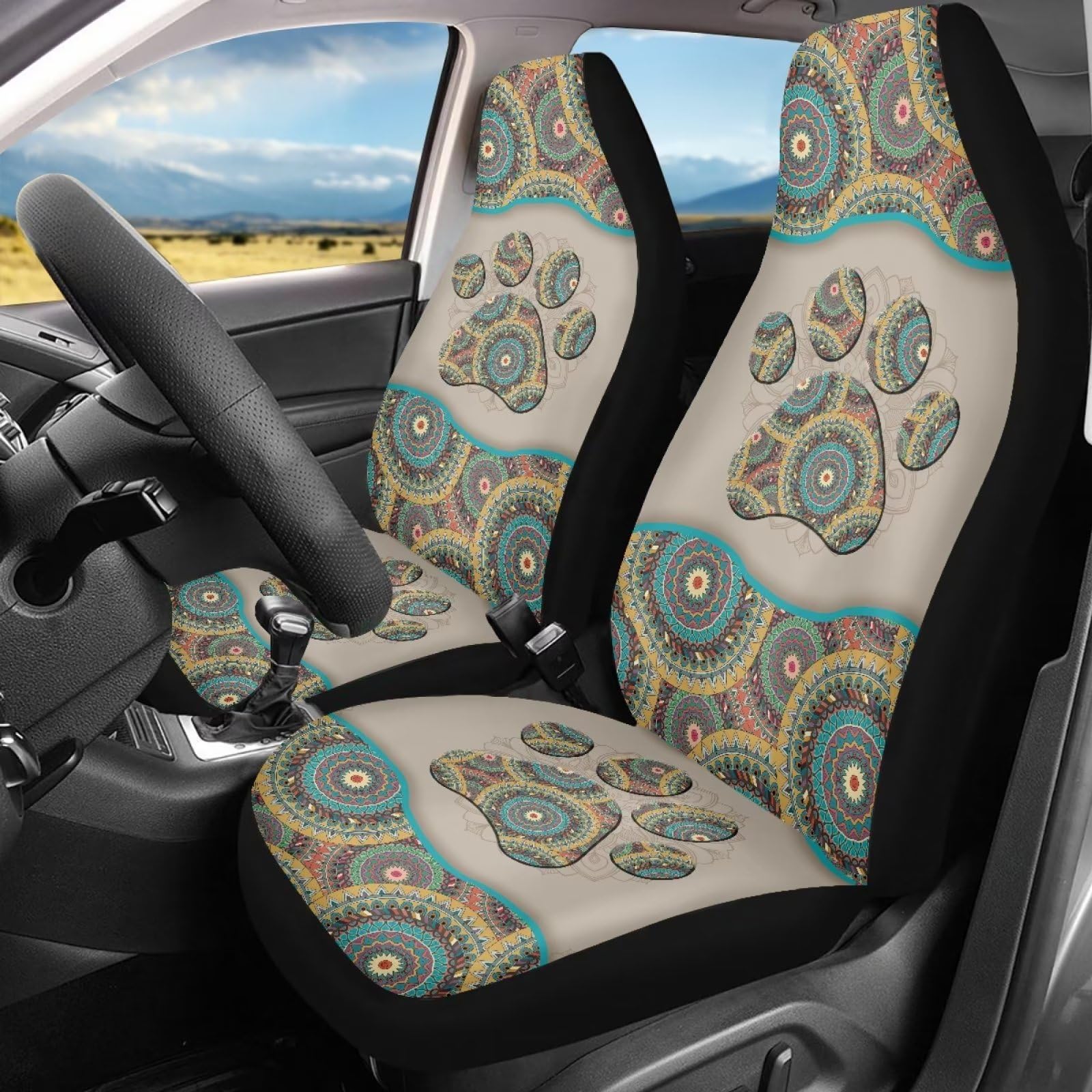 Bigcarjob Aztec Tribal Paw Car Seat Covers Front Seat Protector 2 Packs Set Of Vehicle Interior Seat Mat Cover Universal Fit Car