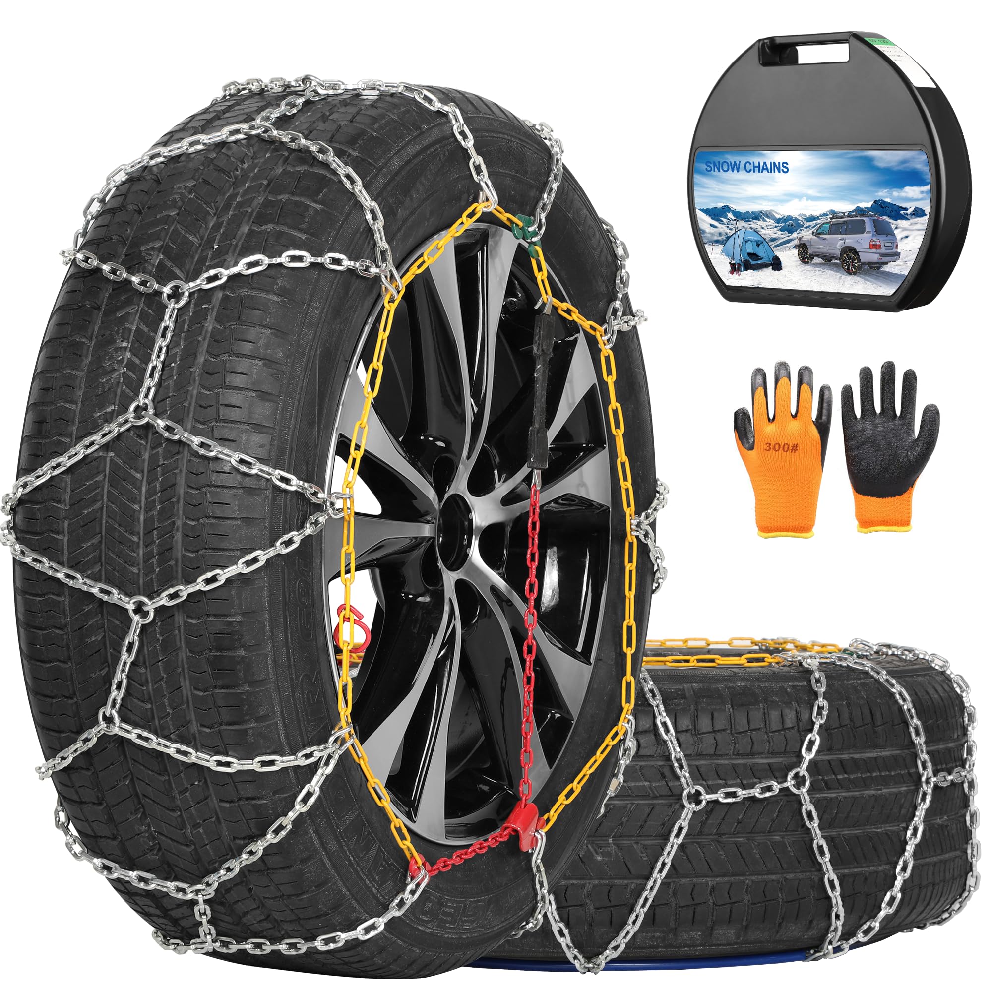 COCO BIRD Snow Chains, Wear-Resistant High Carbon Steel Anti Slip Tire Chain for Passenger Cars, Pickups, and SUVs, Set of 2 (KN